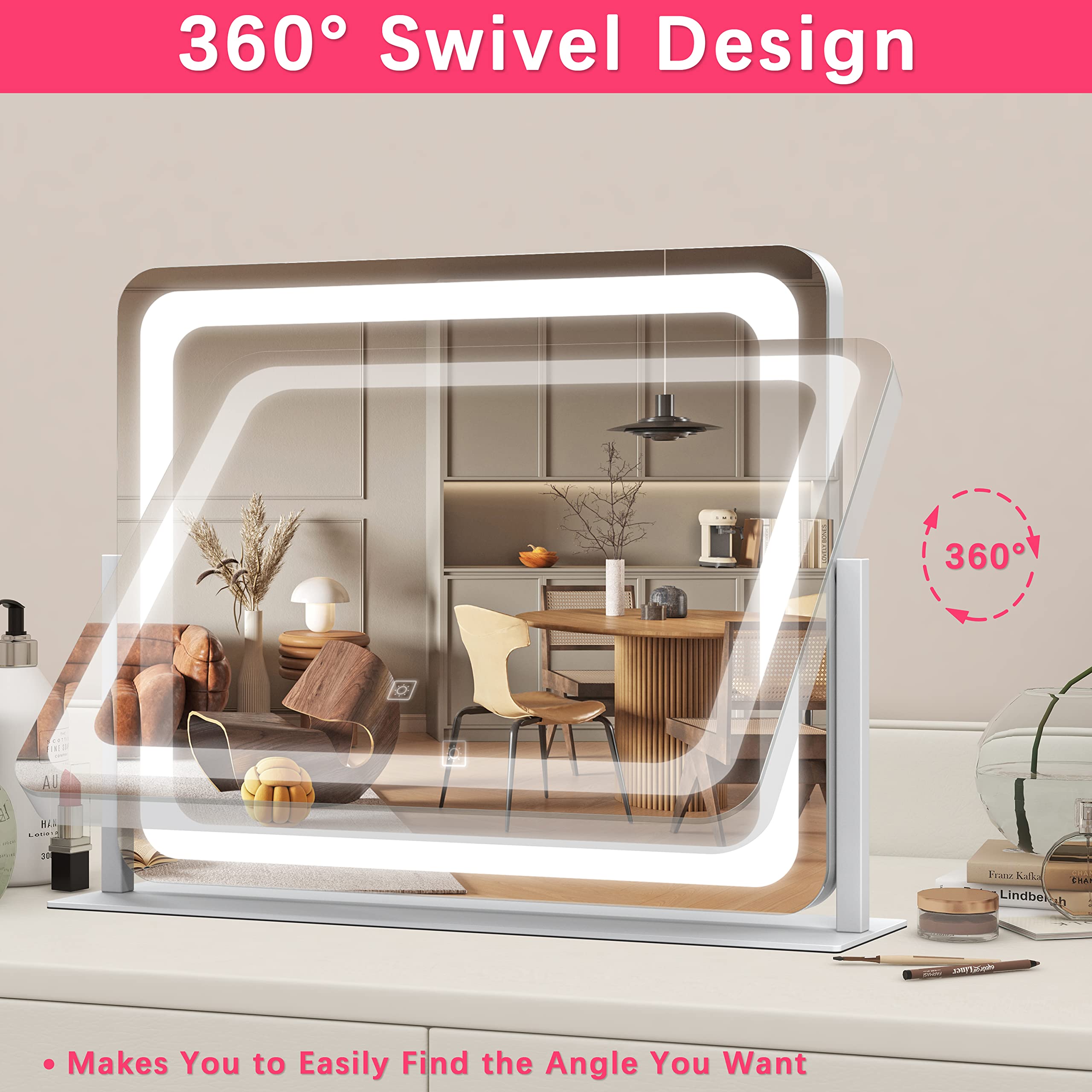 ROLOVE Large Vanity Mirror with Lights, 22"x17" Dimmable LED Makeup Mirror, Smart Touch Control, 360° Rotation, White Aluminum Alloy Frame