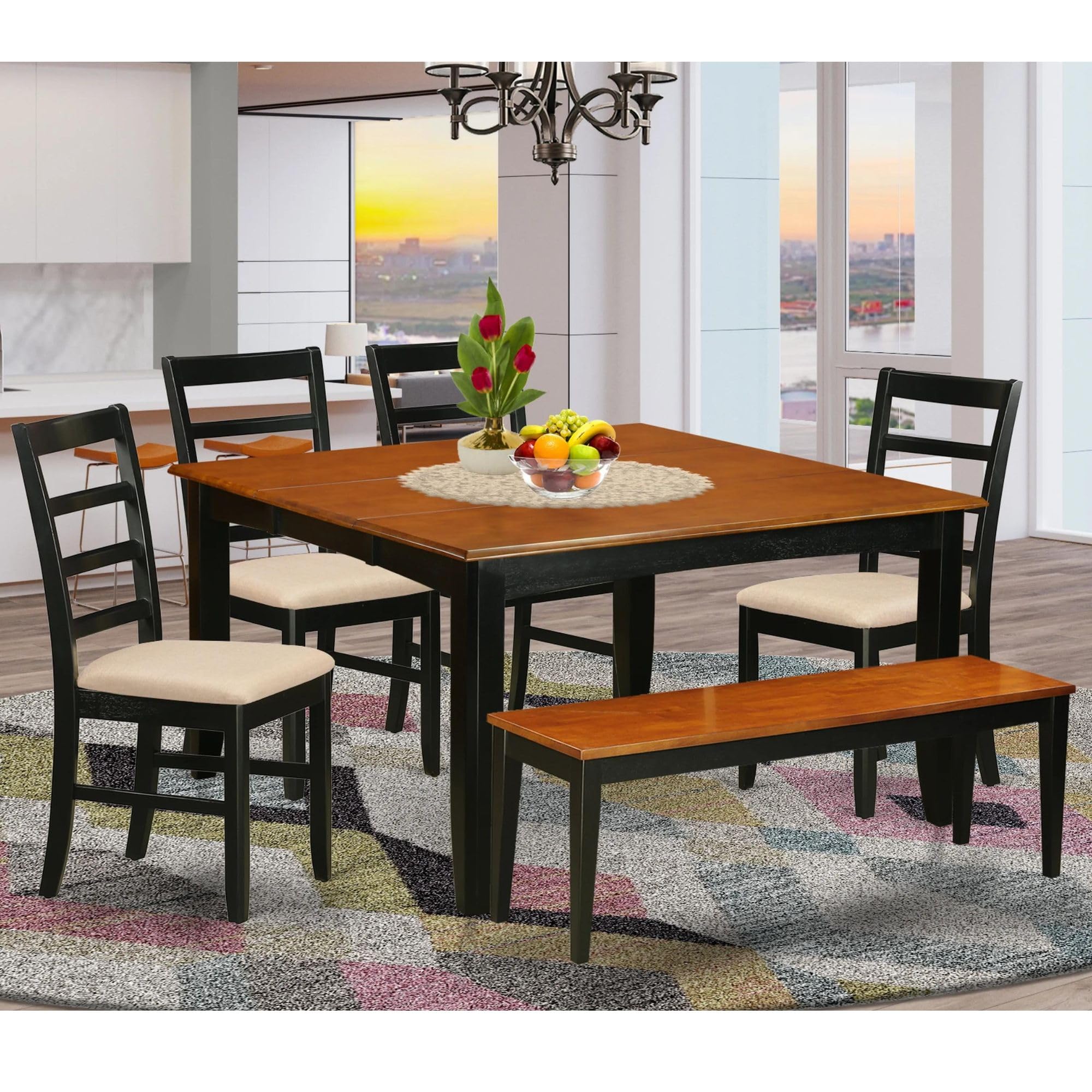 East West Furniture PARF6-BCH-C 6 Piece Set Contains a Square Dining Room Table with Butterfly Leaf and 4 Linen Fabric Kitchen Chairs with a Bench, 54x54 Inch