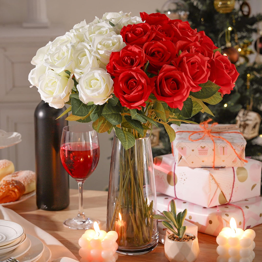 Hoemwarm 36 Pcs Red And White Rose Artificial Roses Flowers Bouquet Centerpiece,Fake Silk Rose Stem Realistic Artificial Flowers