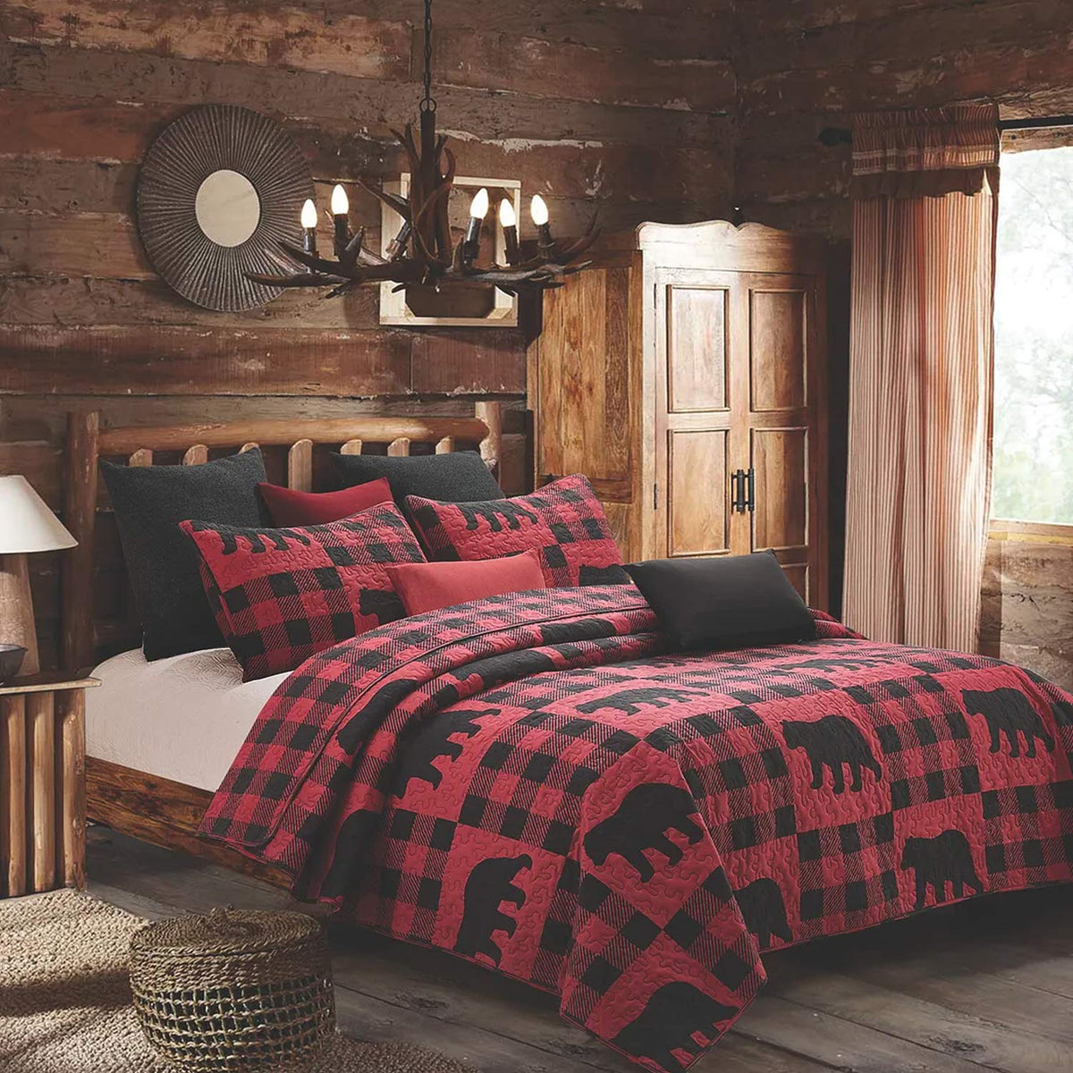 Virah Bella 3 Piece King Lodge Quilt Bedding Set - Buffalo Bear Plaid Red - Rustic Cabin Country Reversible Camping Comforter Se