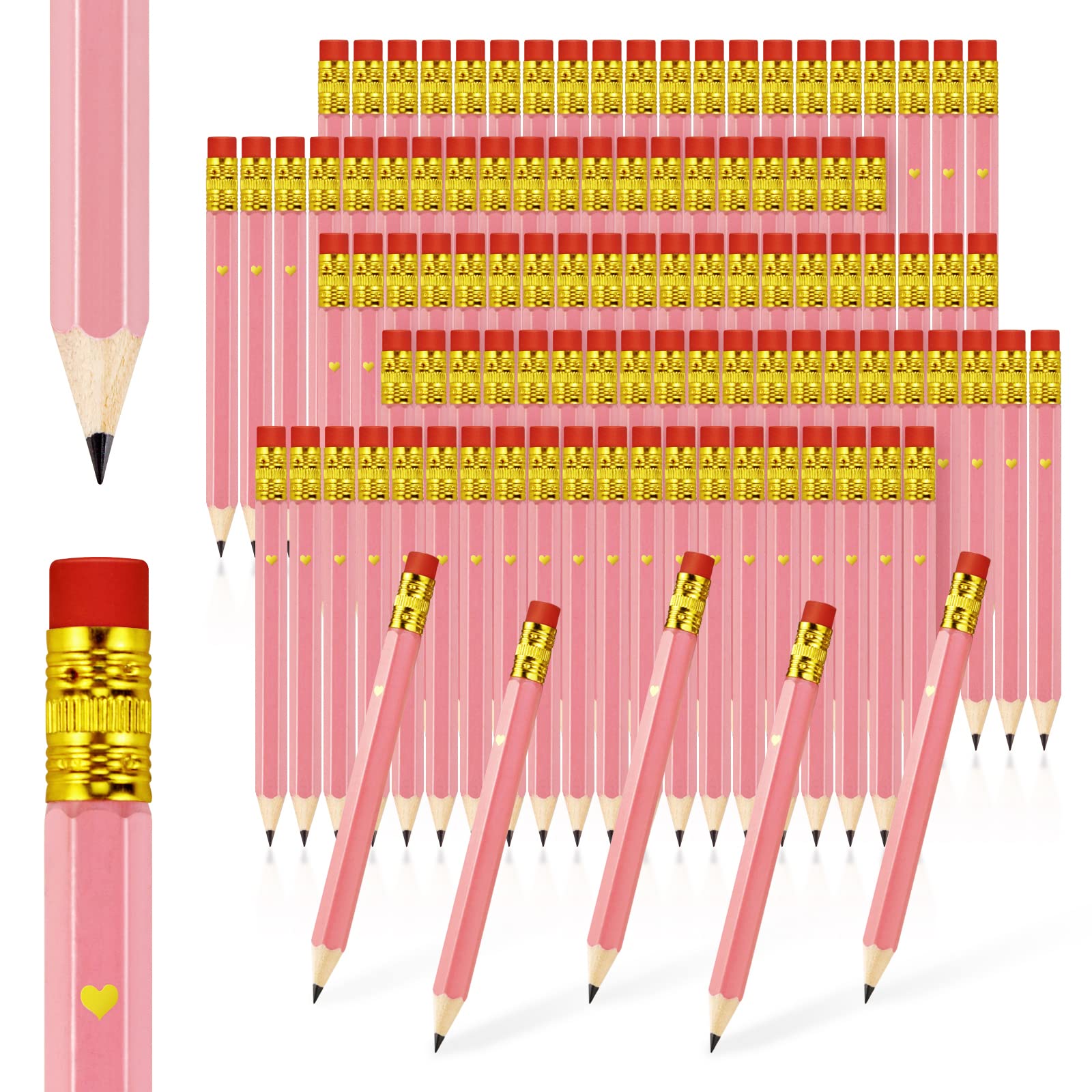 Bercoor 100 Pack Half Pencils With Eraser, Pre-Sharpened Golf Pencils 4 Inch Mini Pencils 2 Hb Hexagon Small Pencils Short Penci