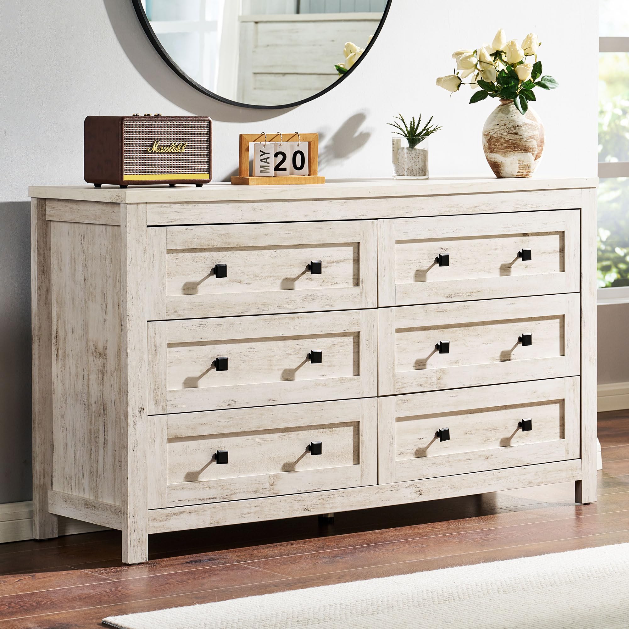 VanAcc 6 Drawers Dresser for Bedroom, 54  Farmhouse Wood Chest of Drawers with Vintage Grain Texture, Drawer Double Dresser for 