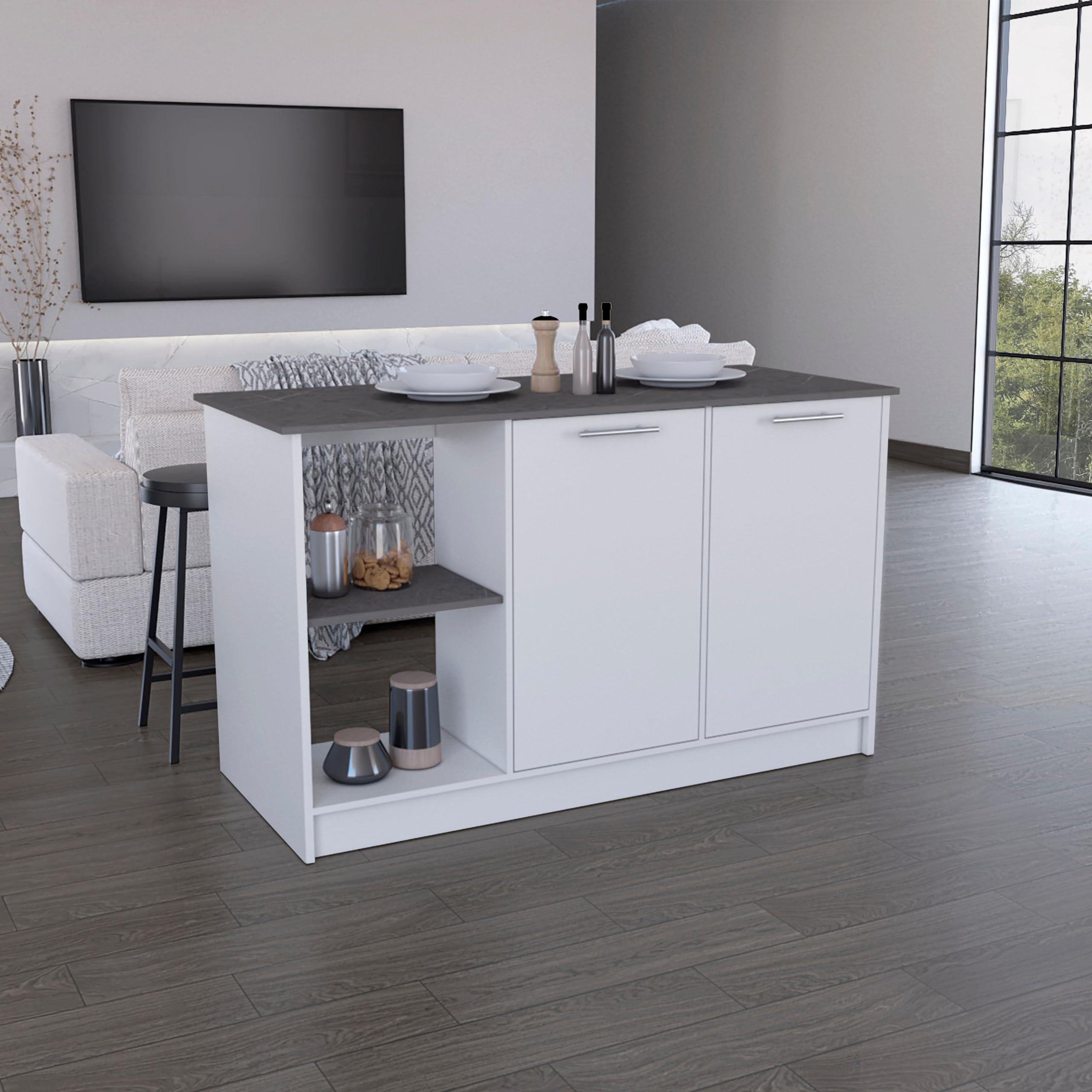 Depot E-Shop Coral Kitchen Island With Large Countertop, Open Storage Shelves And Double Door Cabinet, White/Onyx