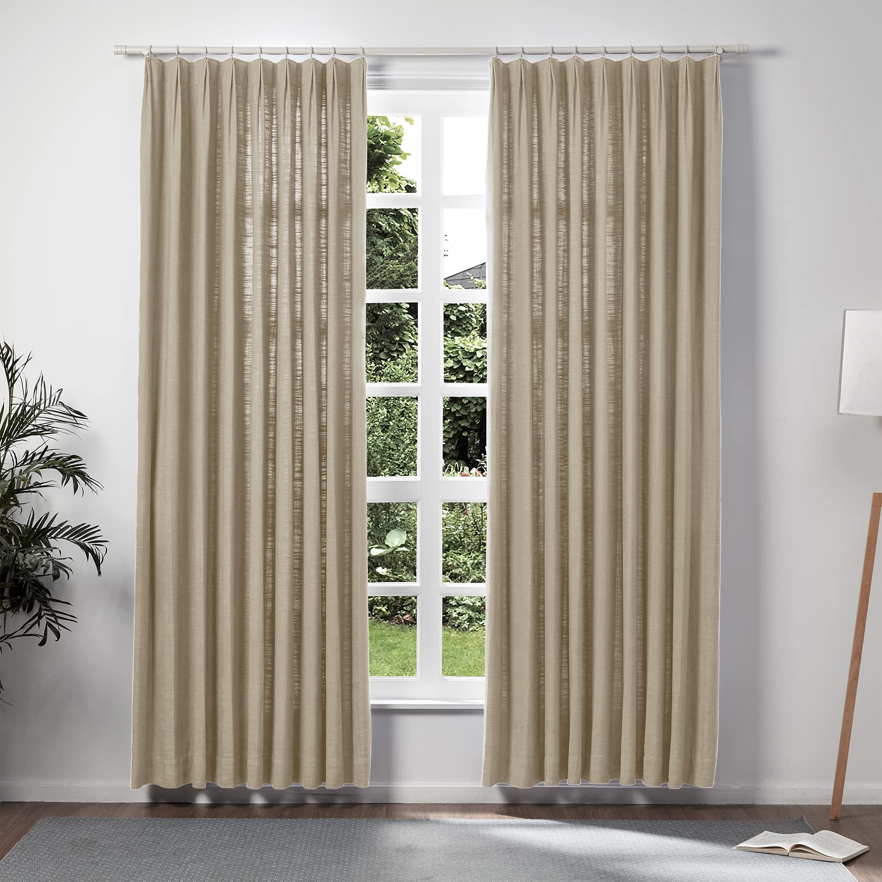 Twopages Taupe Grey Linen Pinch Pleat Curtain For Living Room, Window Treatment Curtain Panel Double Layer Light Filtering Room