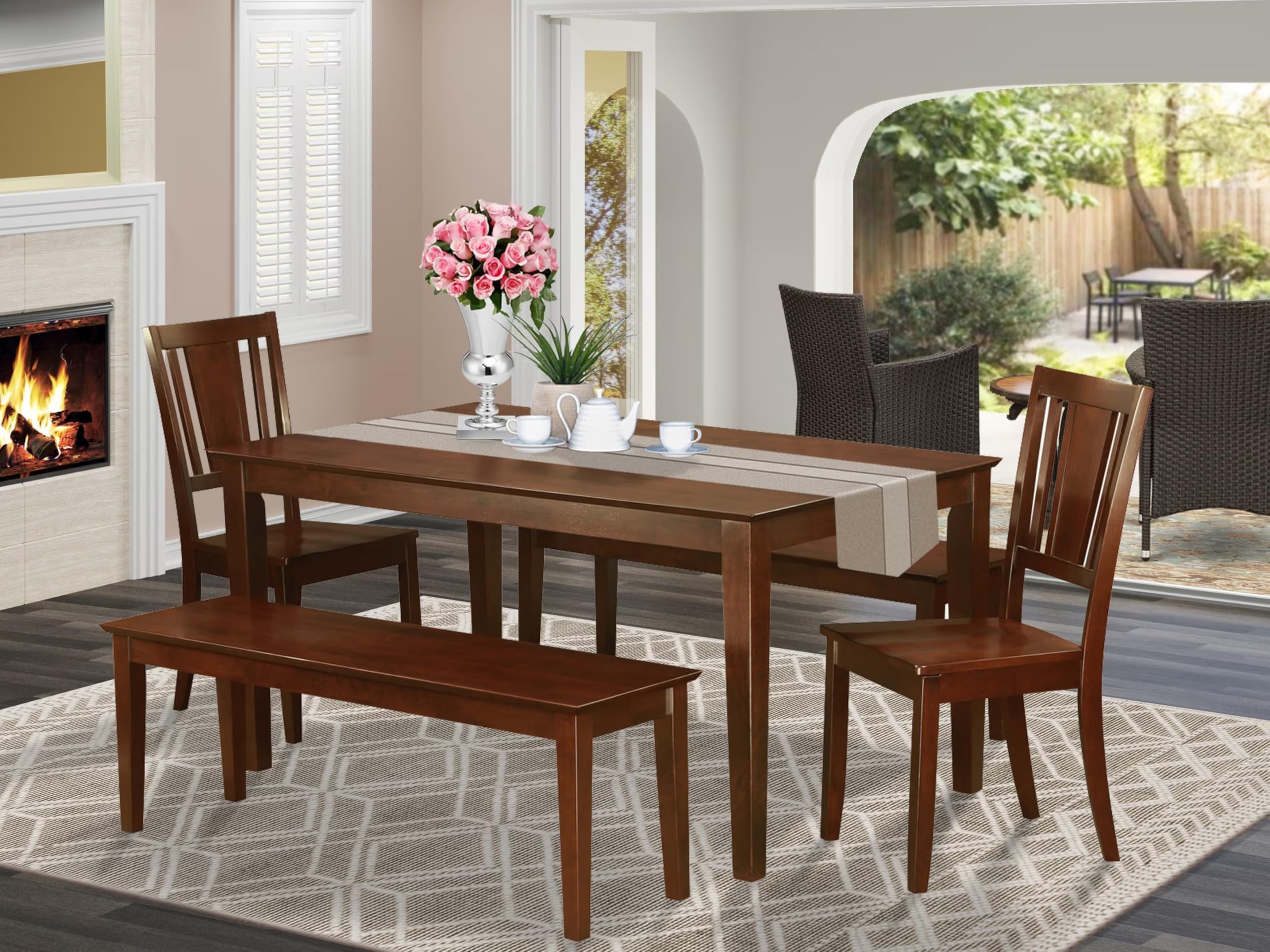East West Furniture CADU5C-MAH-W Capri 5 Piece Set for 4 Includes a Rectangle Kitchen Table and 2 Dining Chairs with 2 Benches, 36x60 Inch, Mahogany