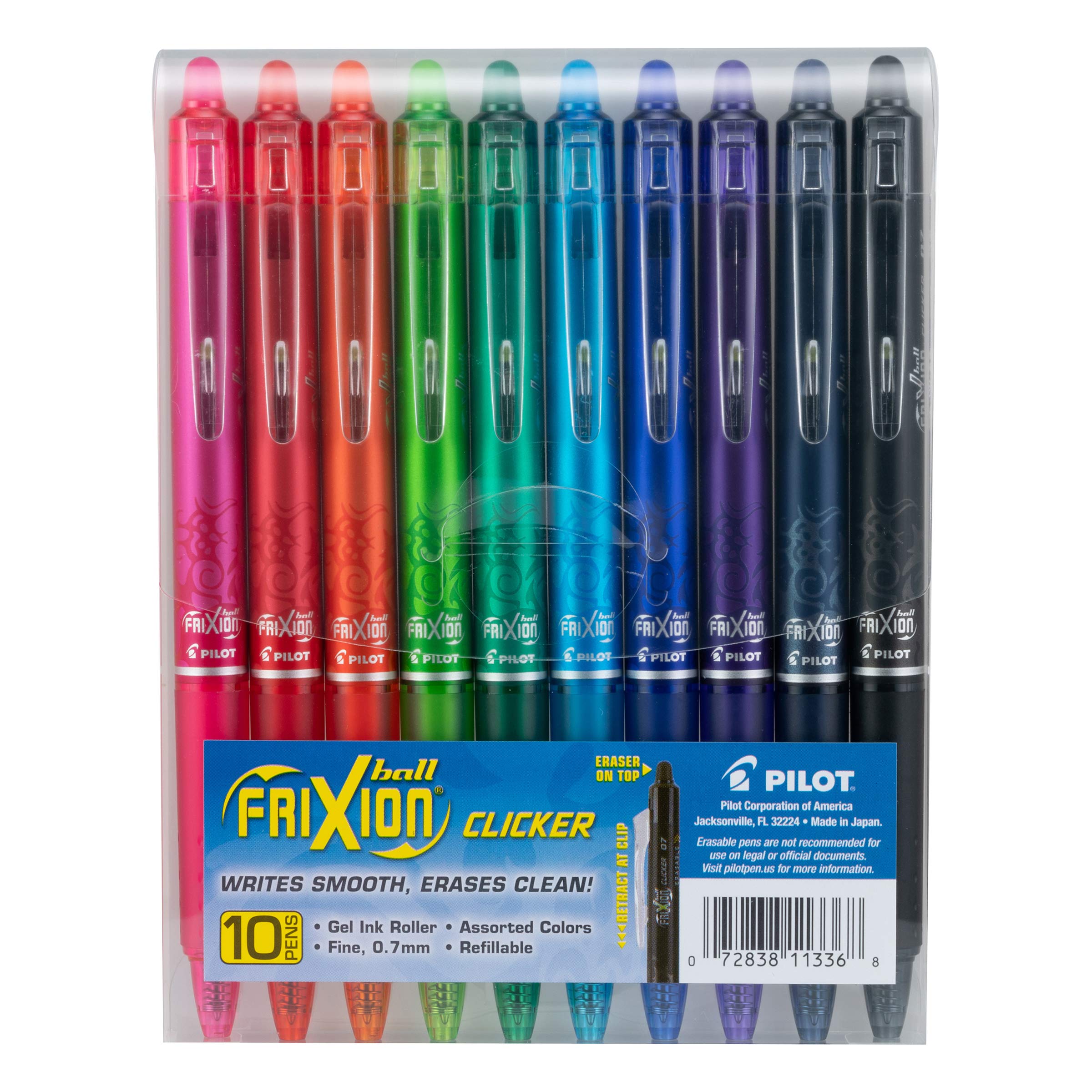 Pilot, Frixion Clicker Erasable Gel Pens, Fine Point 0.7 Mm, Pack Of 10, Assorted Colors
