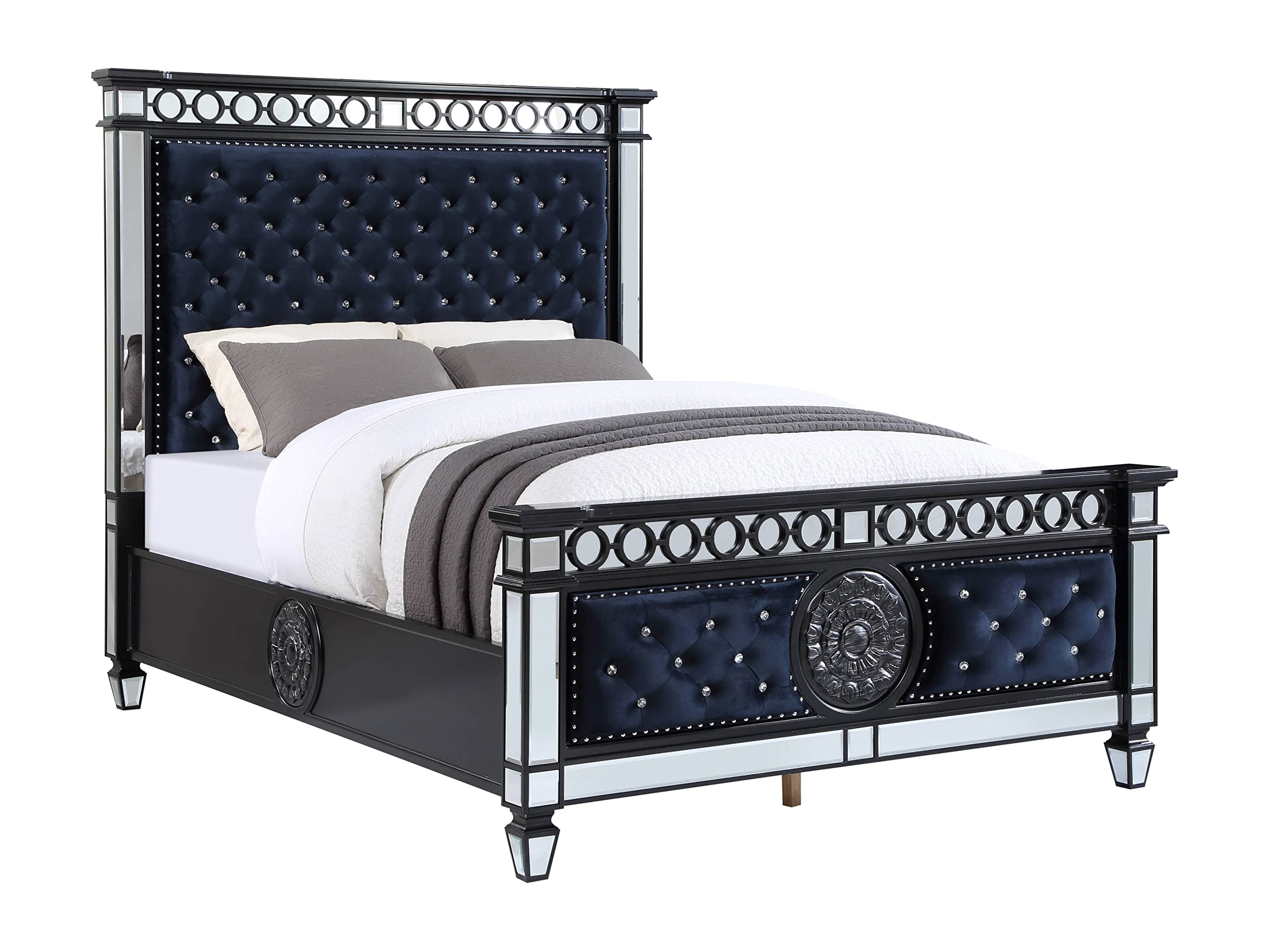 Acme Varian II Queen Bed in Dark Navy Velvet and Black and Silver