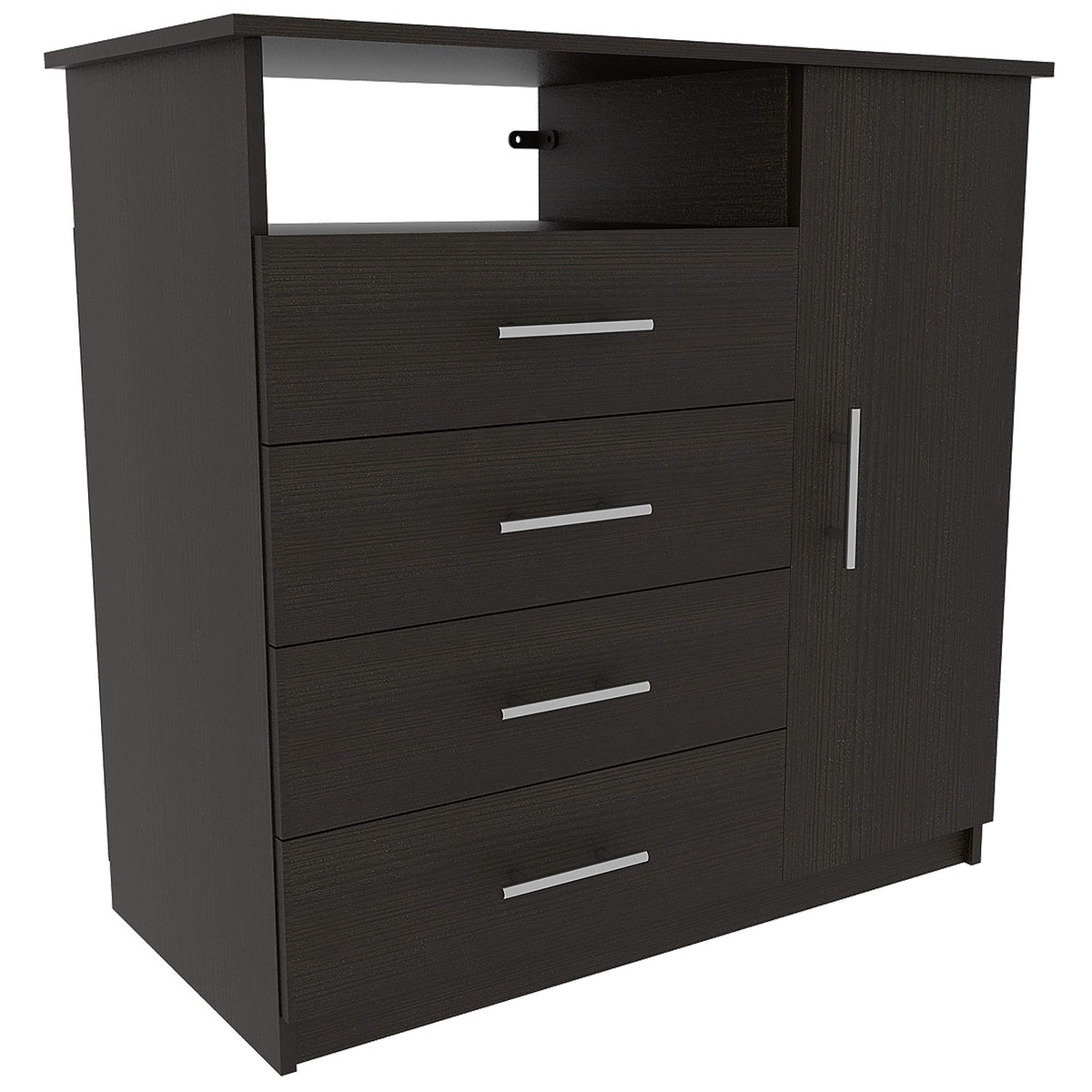 Depot E-Shop Rioja 4 Drawer Dresser with One Open Shelf, Superior Top, and Single Door Cabinet, Black, Bedroom