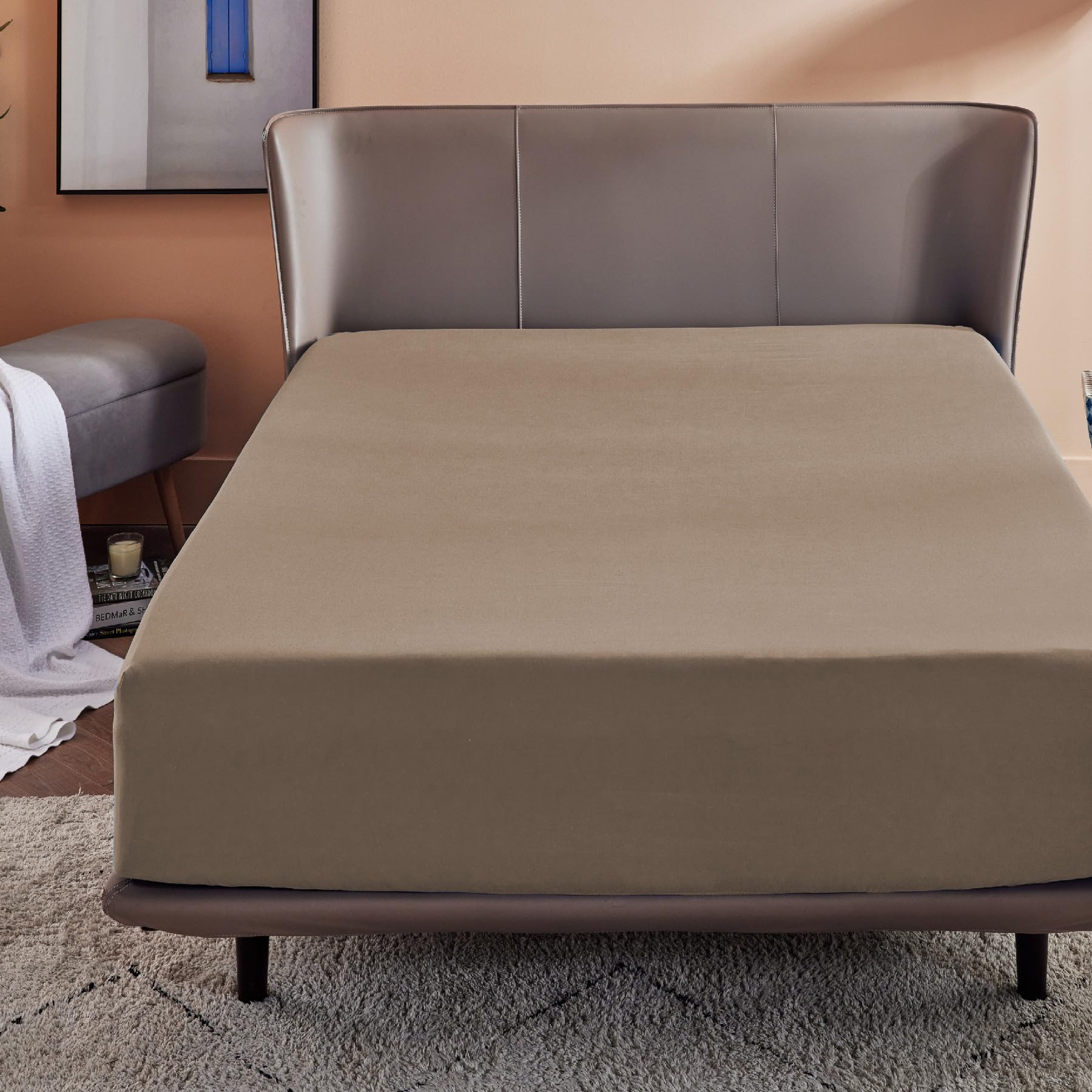 Bedsure Twin Fitted Sheet Only - Brushed Microfiber Bed Sheets, Ultra Soft & Breathable, Fade Resistant & Easy Care (Khaki, 39X75+16 Inches, 1 Piece)