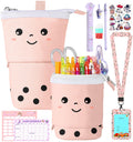 Lisevo Cute Pencil Case For Girls, Boba Standing Up Pencil Bag Pouch Holder For Students Teens, Japanese Back To School Supplies