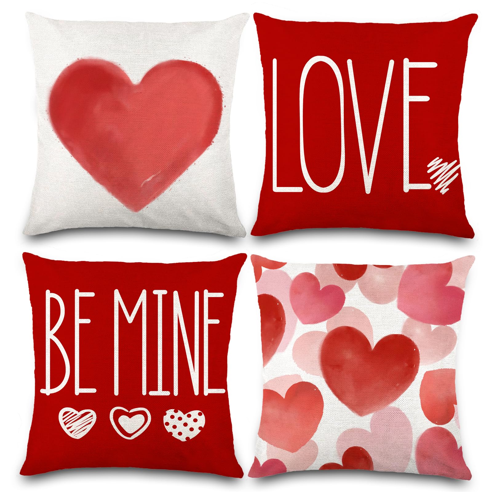 Diydec 4Pcs Valentines Pillow Covers 18X18 Inch Red White Heart Throw Pillow Covers Valentines Day Love Be Mine Cushion Case Dec