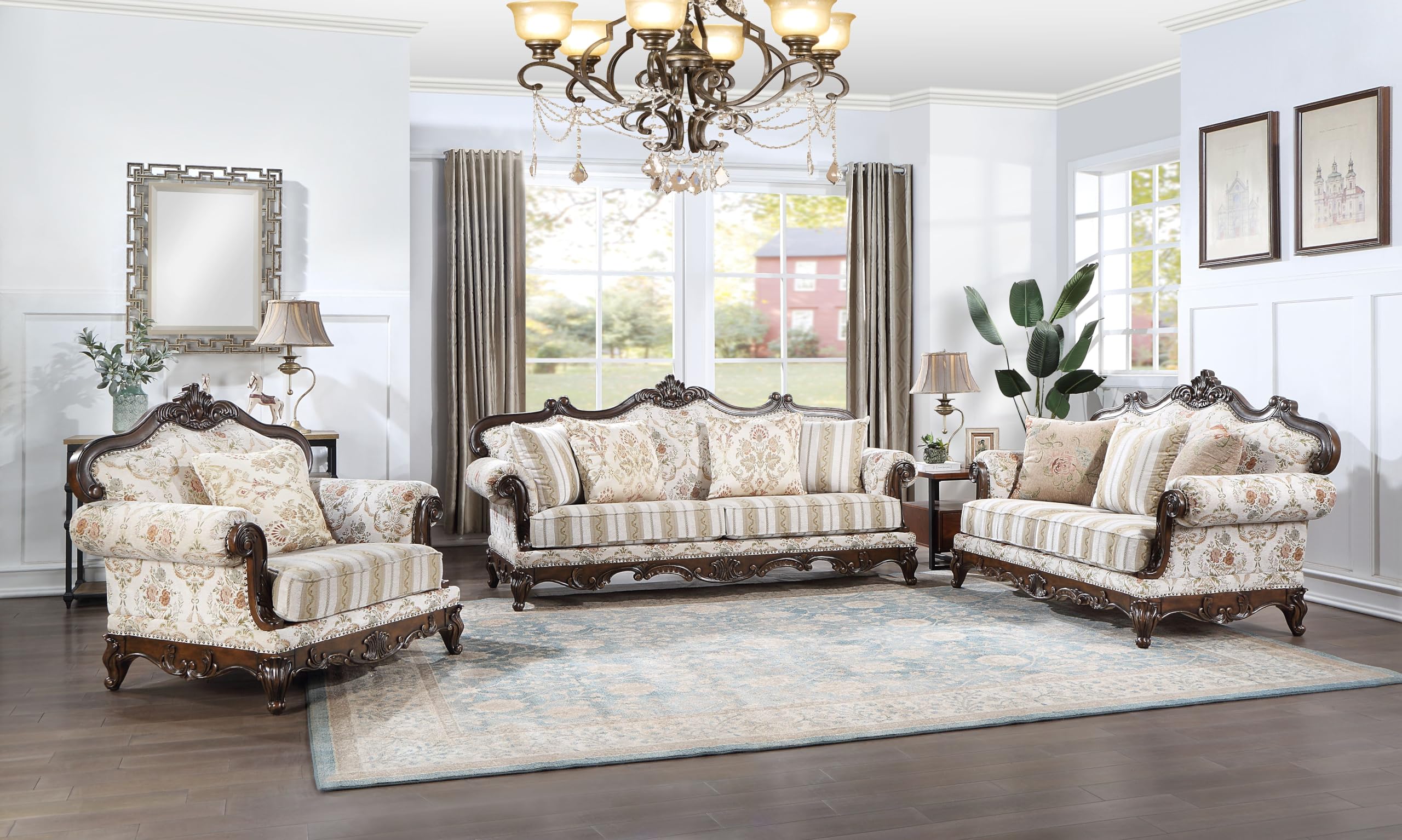 Acme Nayla Fabric Upholstered Rolled Arms Loveseat with 3 Pillows in Walnut