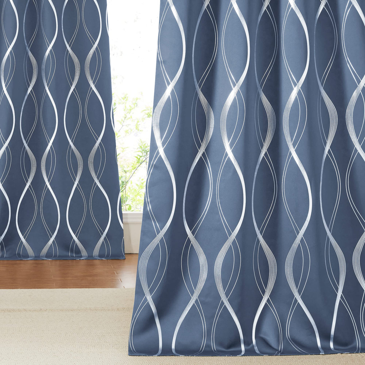 Nicetown Blackout Curtains 90' Length 2 Panels Set For Bedroom, 52' Wide, Stone Blue, Foil Printed Wave Lines Energy Saving Th