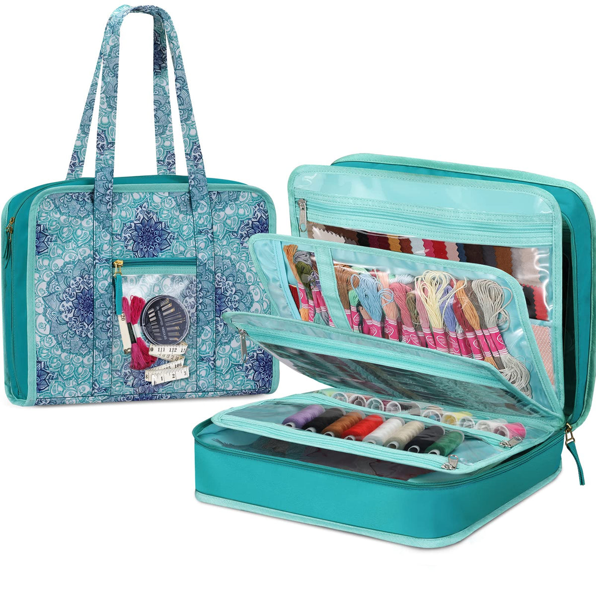 FINPAC Sewing and Craft Supplies Storage Tote, Large Capacity Travel Packing Organizer Bag with Clear Pockets and Handle for Kni