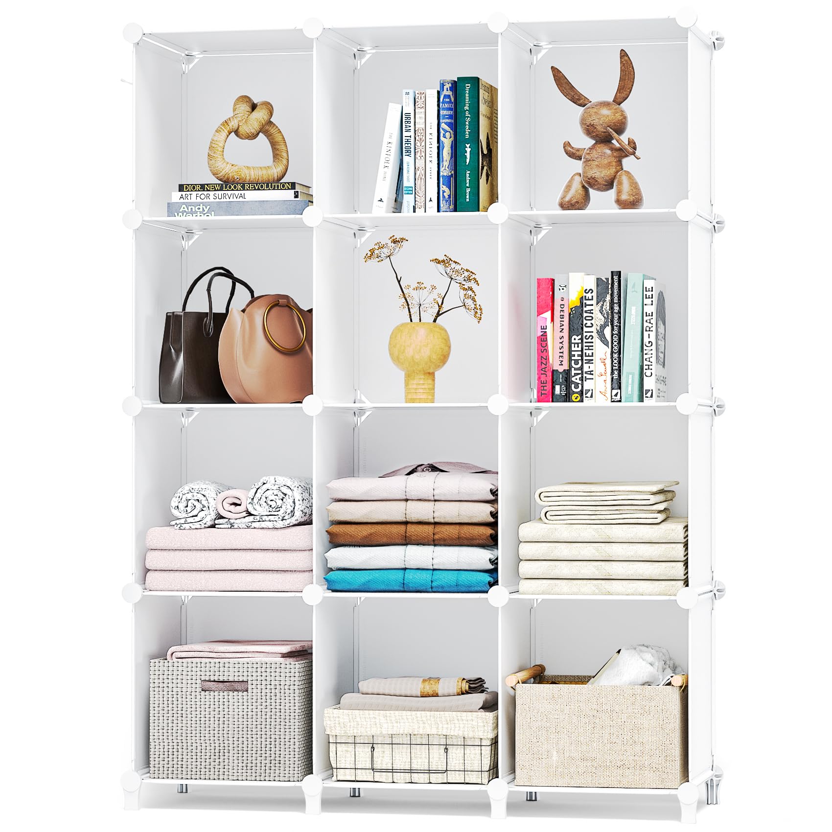 Closet Organizer, 12 Cubby Storage Organizer,Book Shelf,Clothes Storage,Yarn Storage For Bedroom Organization(White)