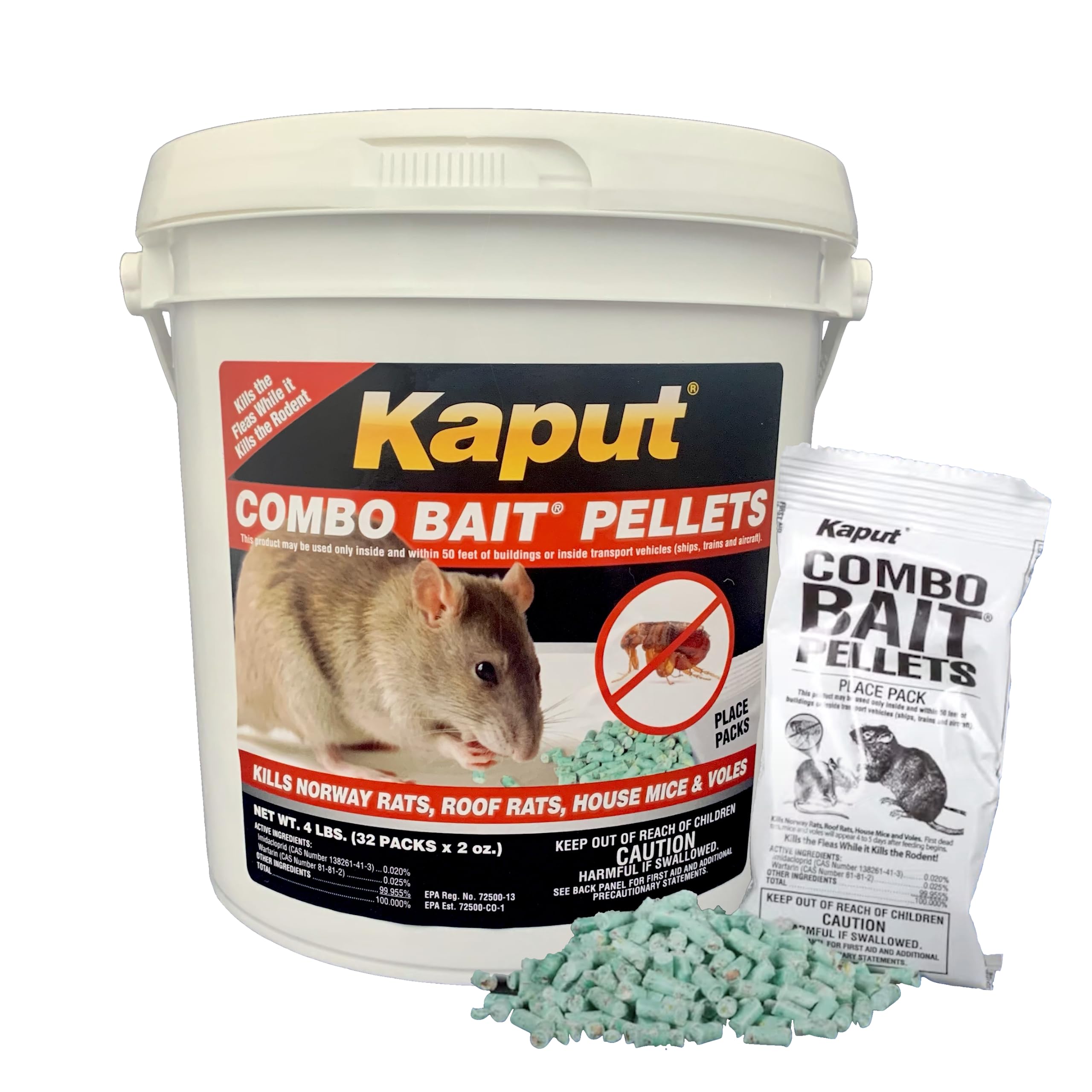 Kaput Mouse, Rat & Vole Combo Bait Pellets - Kills Rodents And Their Fleas! | (32 X 2Oz Place Packs)