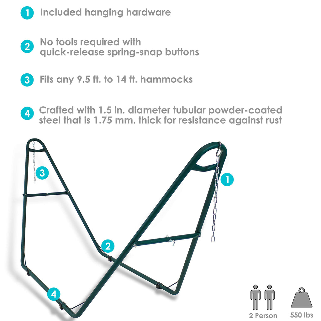 Sunnydaze 550-Pound Capacity Universal Multi-Use Heavy-Duty Steel Hammock Stand - 2-Person - Fits Hammocks 9 To 14 Feet Long - Green