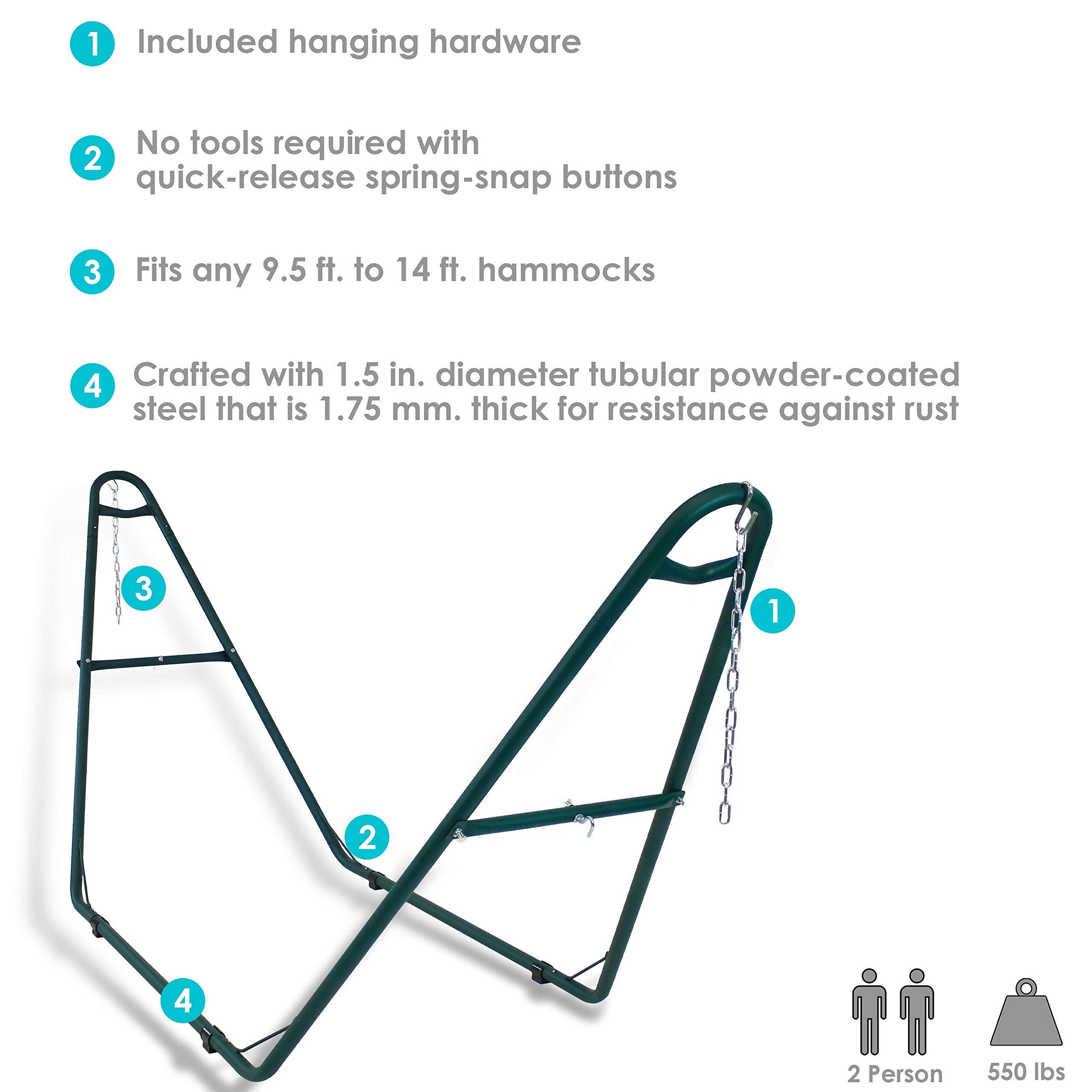 Sunnydaze 550-Pound Capacity Universal Multi-Use Heavy-Duty Steel Hammock Stand - 2-Person - Fits Hammocks 9 To 14 Feet Long - Green