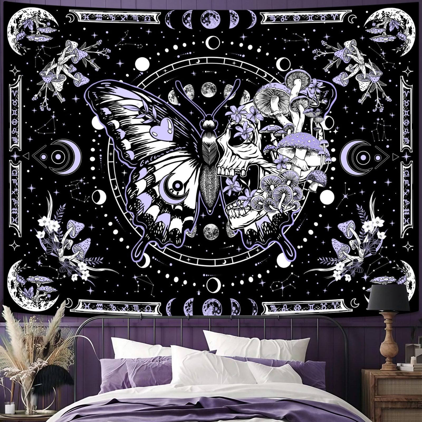 Fungarth Skeleton Butterfly Tapestry Purple Skull Hippie Mushroom Plants Tapestry For Bedroom Moon Phase Aesthetic Tapestries Wa