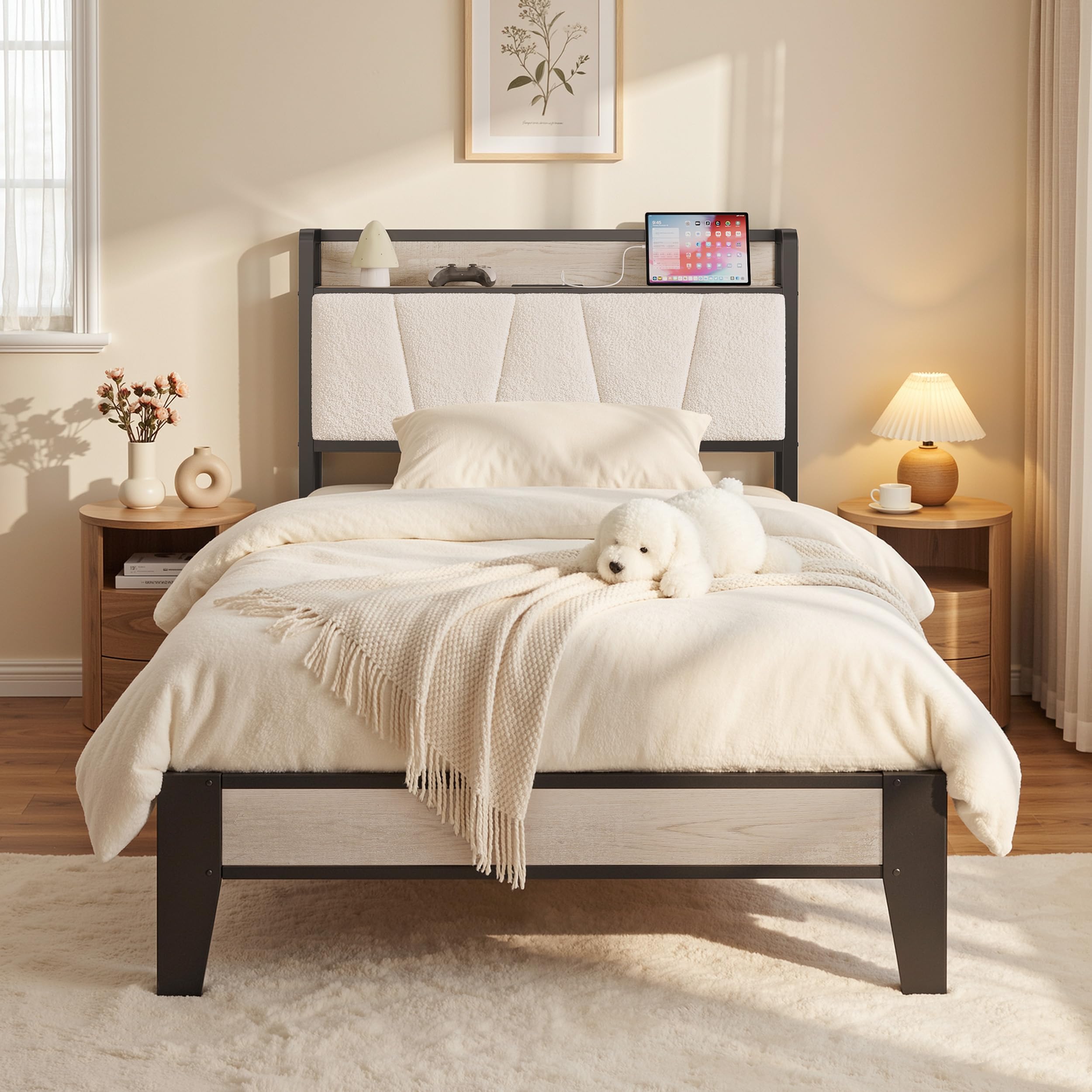 LIKIMIO Twin XL Bed Frames, Boucl   Storage Headboard with Charging Station, Solid and Stable, Noise Free, No Box Spring Needed,