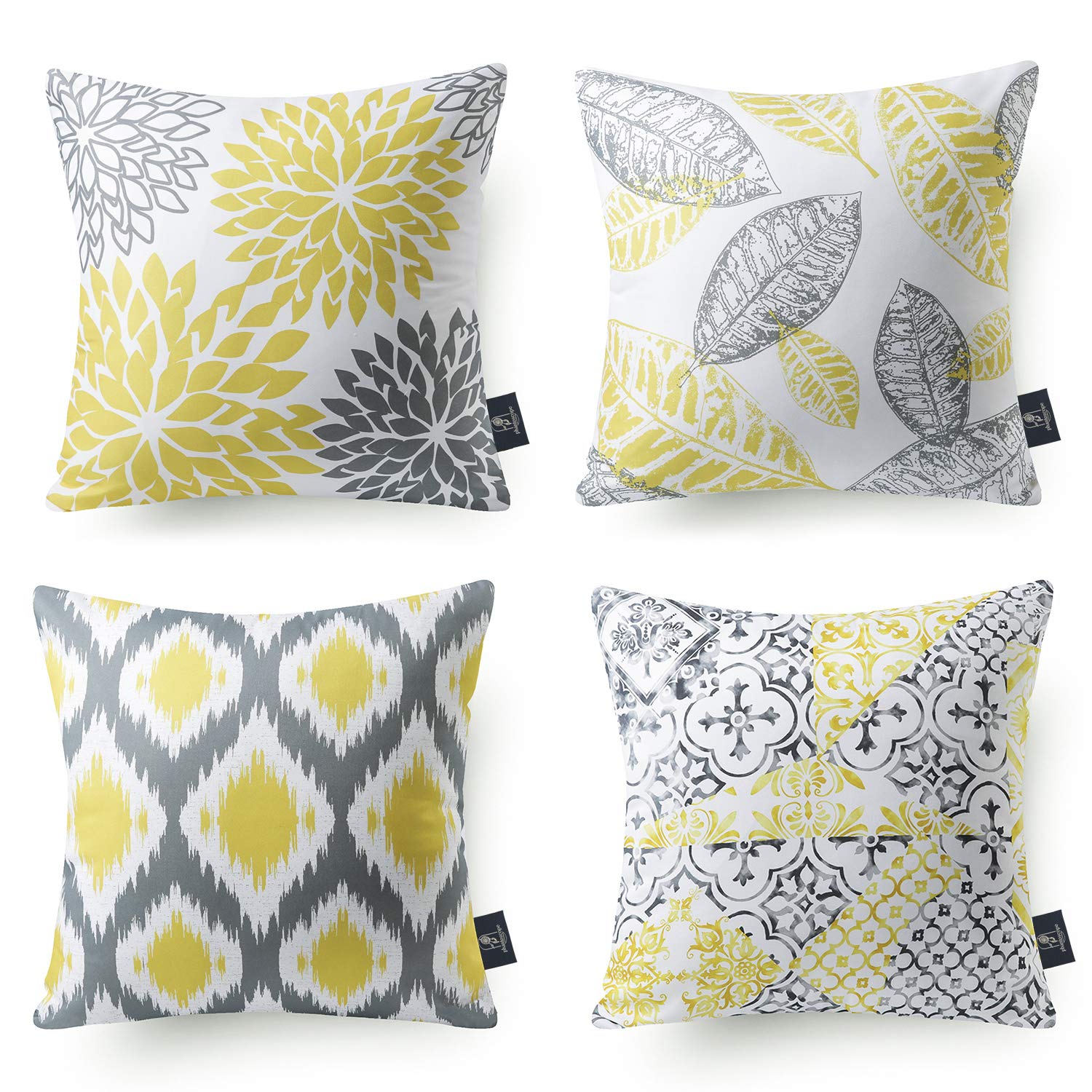 Phantoscope Set Of 4 New Living Series Leaf Geometric Throw Decorative Pillow Cover Cushion Cover, Yellow And Grey, 22 X 22 Inches, 55 X 55 Cm