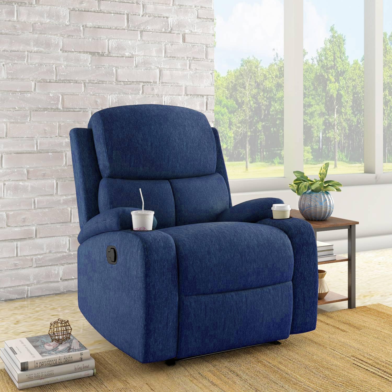 Nilkamal @Home Matt 1 Seater Fabric Manual Recliner With Cup Holder (Blue)