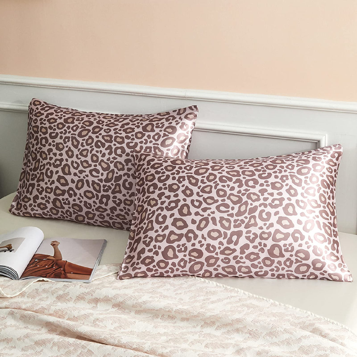 Lcbd Satin Pillowcase For Hair And Skin, Pink Leopard Printed Pillow Cases Set Of 2, Standard Size Silk Satin Pillow Covers For