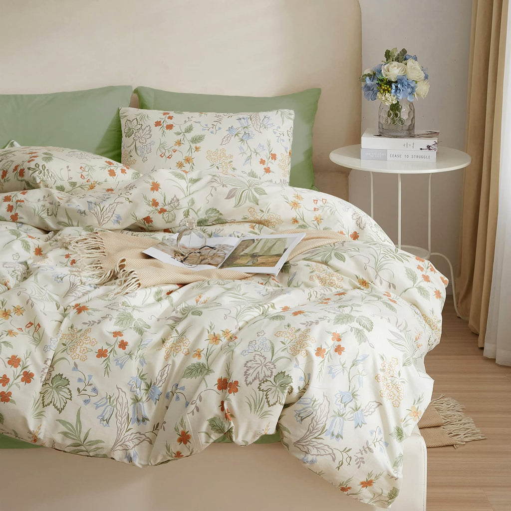Mixinni White Duvet Cover Set With Green Leaves Twin Xl Size 100% Cotton Flower Printed Bedding Set 1 Duvet Cover 2 Pillowcases