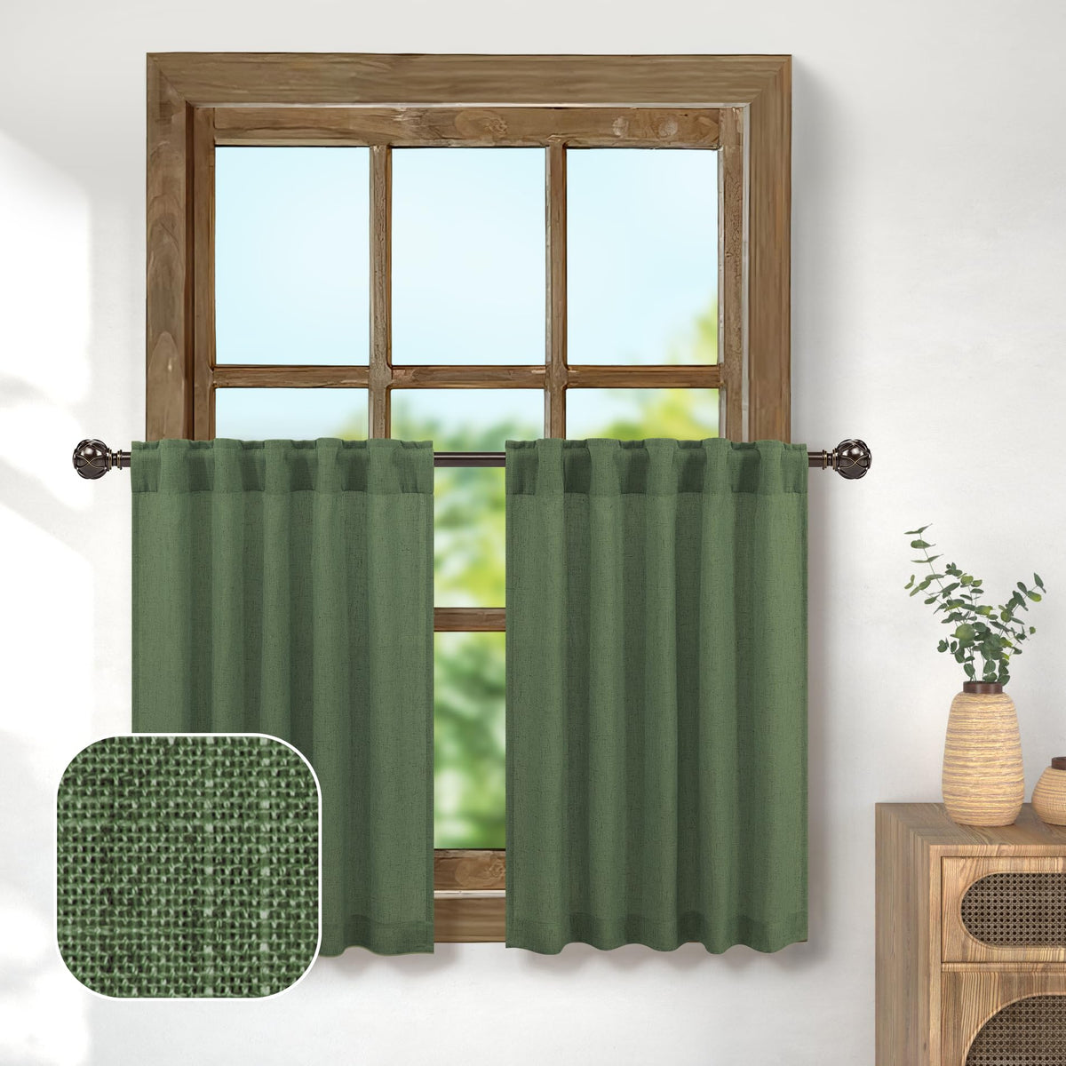 Pitalk Loden Green Boho Kitchen Curtains Farmhouse 36 Inch Length 2 Panel Tiers Back Tab Bathroom Window Curtain Short Small Lin
