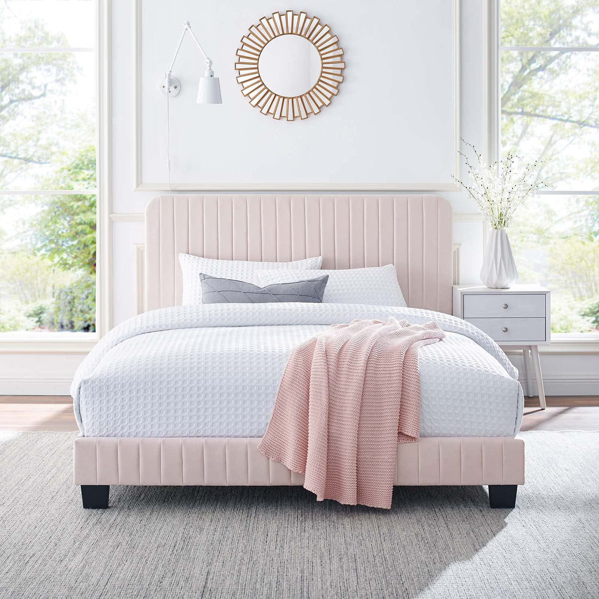 Modway Celine Channel Tufted Performance Velvet Twin Platform Bed in Pink