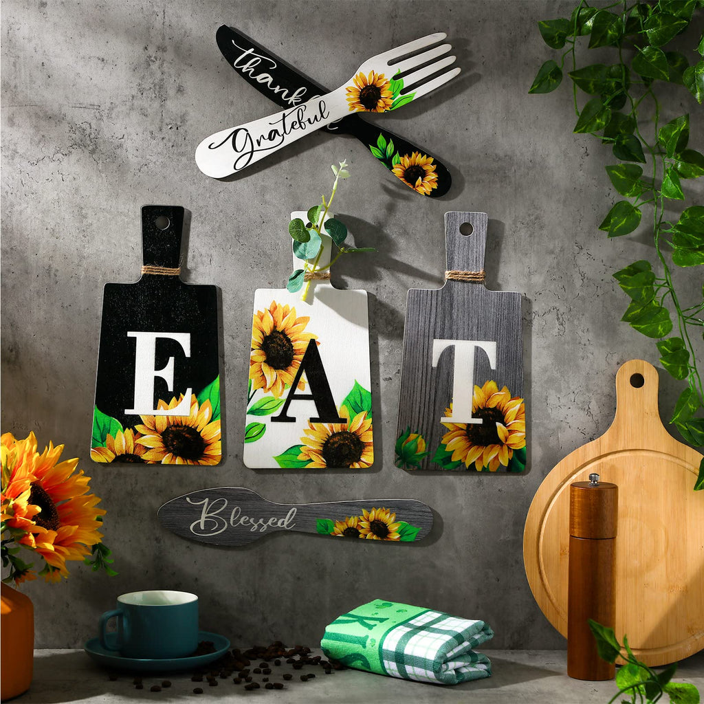 Bucherry Set Of 6 Sunflower Kitchen Decor Sets Eat Signs Fork And Spoon Wooden Kitchen Wall Decor Hanging Plaques Farmhouse Sunf