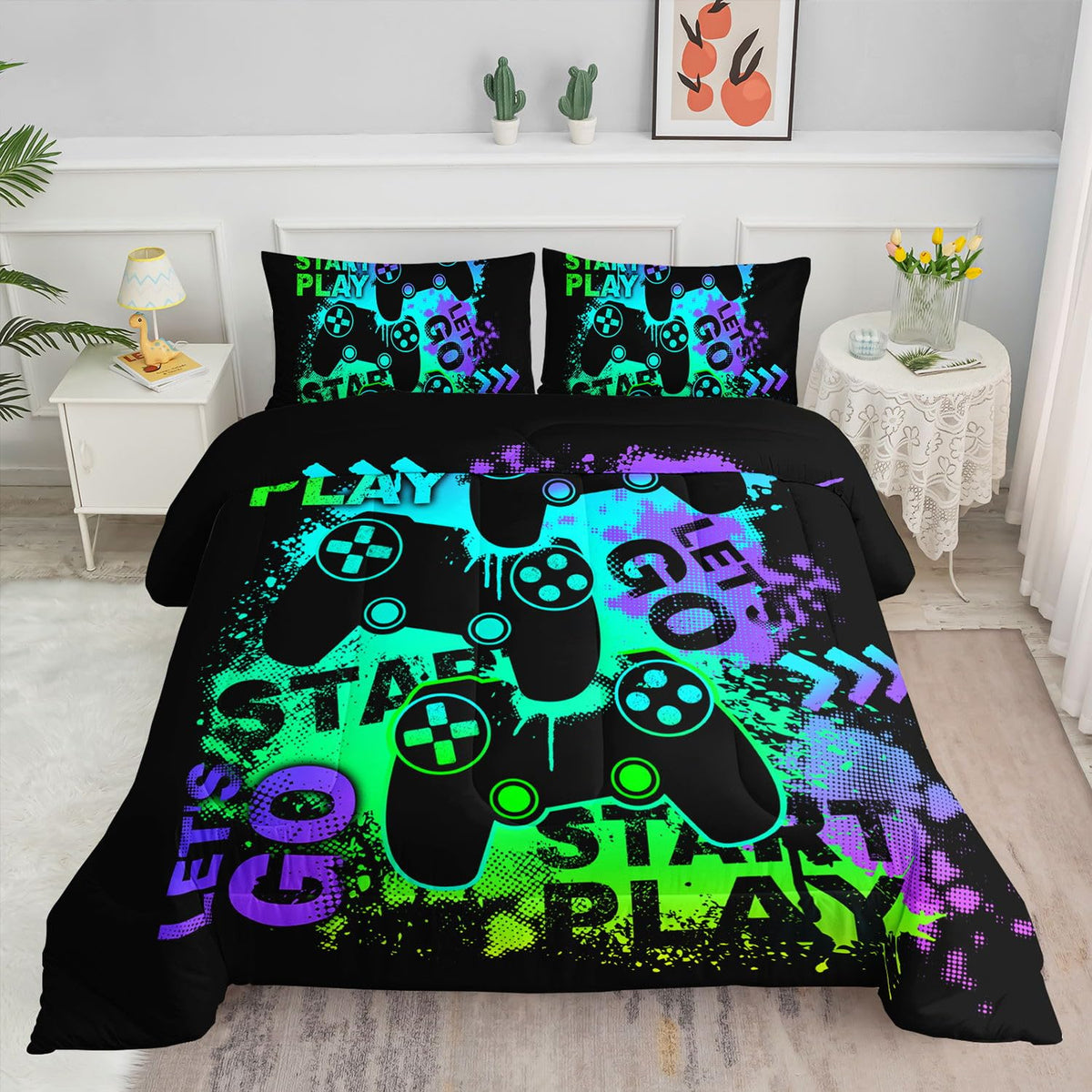 Smell Sunshine Kids Comforter Set Graffiti Gamepad Printed Pattern Bedding Set With 1 Comforter And 2 Pillowcases For Girls Boys
