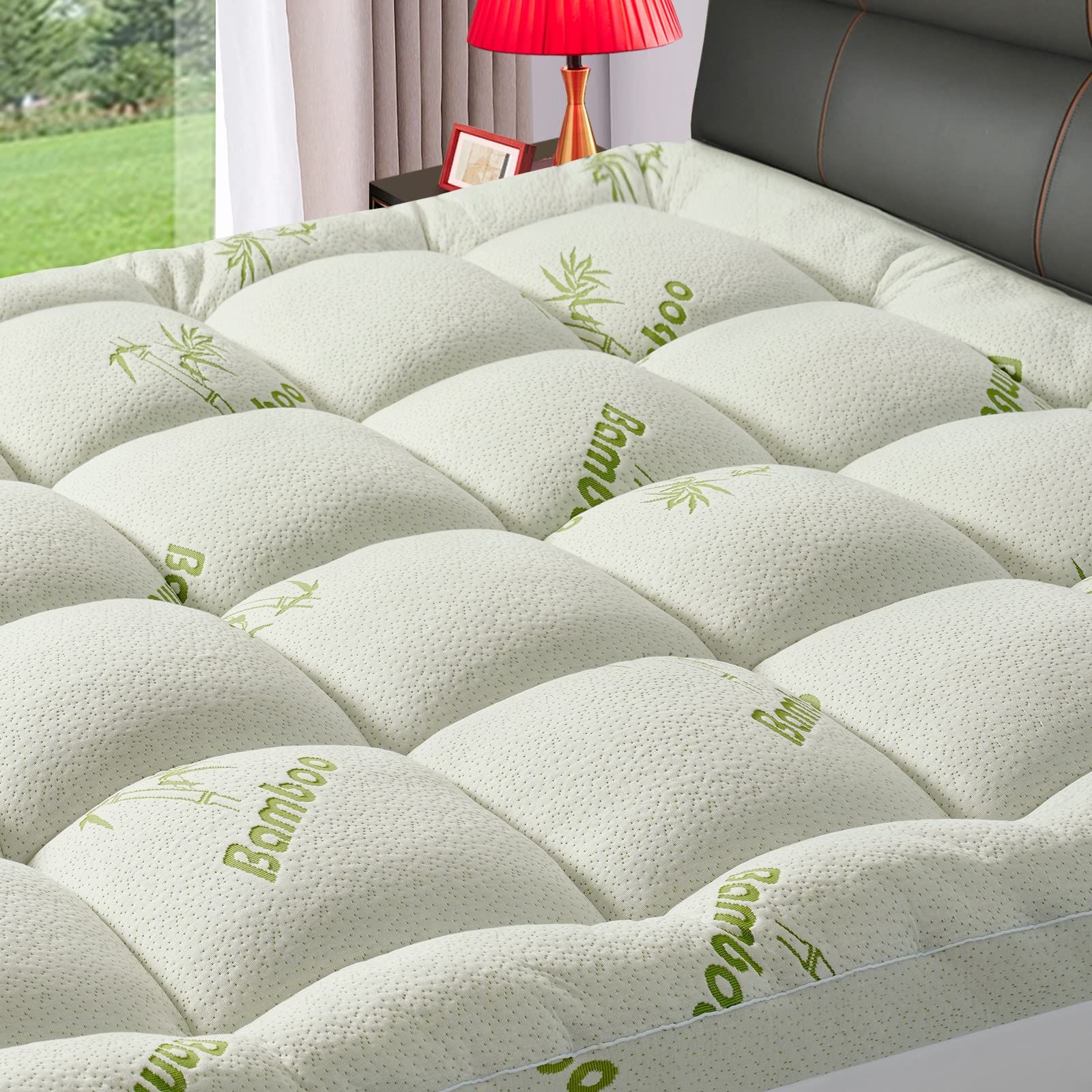 Premium Viscose Made From Bamboo King Size Mattress Topper For Back Pain, 1200 Gsm Quilted Fitted Extra Thick Mattress Pad,Pillo