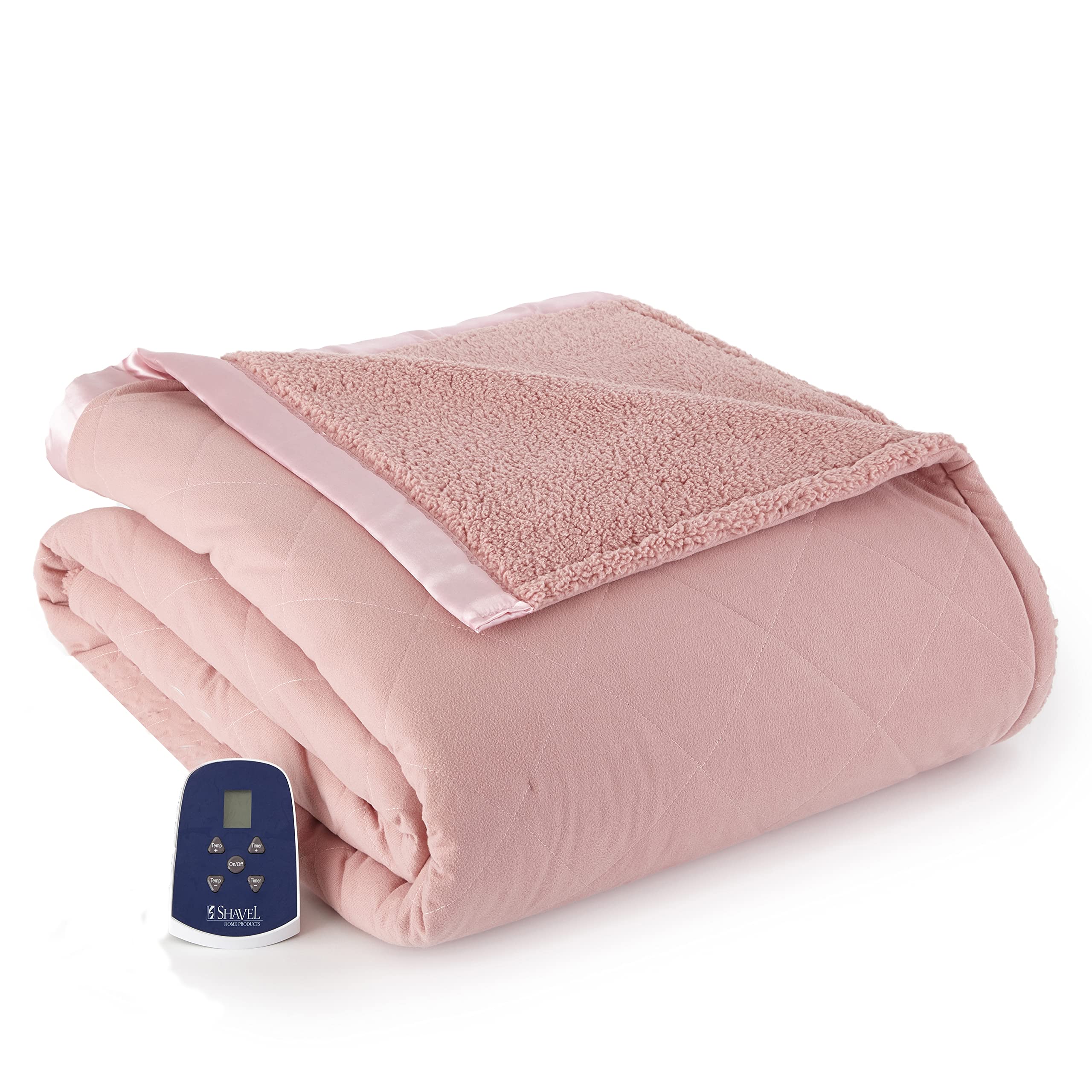 Thermee Micro Flannel Full-Size Heated Electric Blanket With Sherpa, Machine Wash & Dry, Timer & Safety Shutoff, 84Lx72W, Blush