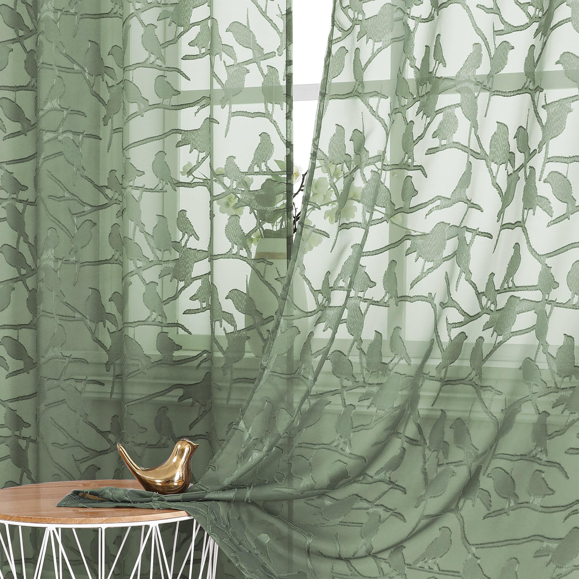 Ovzme Anji Sage Green Sheer Curtains 96 Inches Length 2 Panels Set For Living Room Bedroom, Clip Textured Sheer Curtain Window C