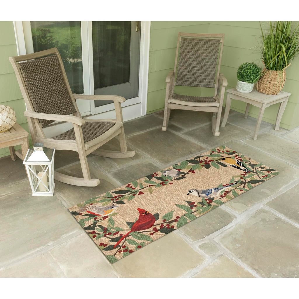 Liora Manne Frontporch Hand-Tufted Indoor/Outdoor Easy Care Area Rug Rug-Traditional, Botanical, Leaf, Contemporary, Bird Border Natural 2' X 5'