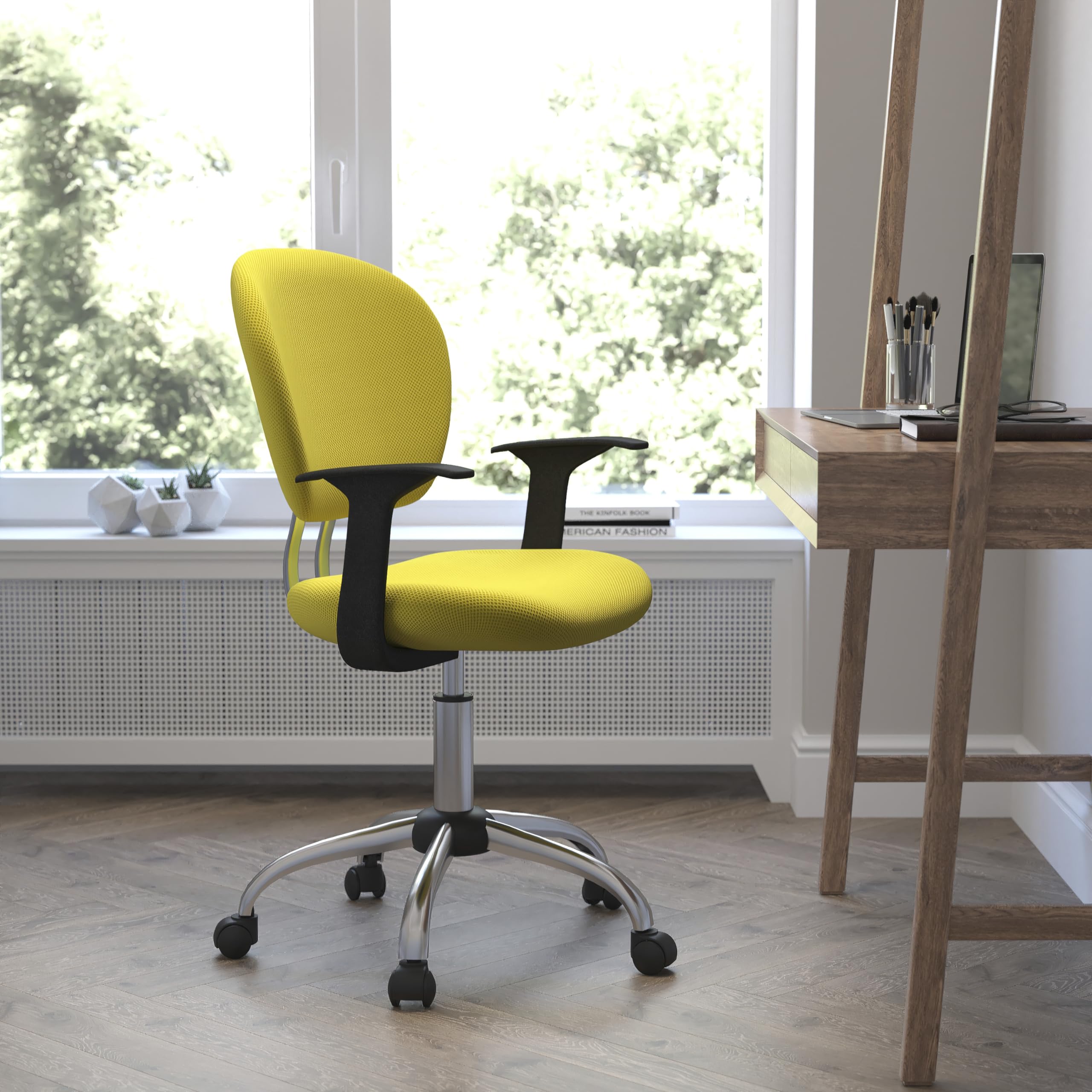 Flash Furniture Beverly Mid-Back Yellow Mesh Padded Swivel Task Office Chair with Chrome Base and Arms