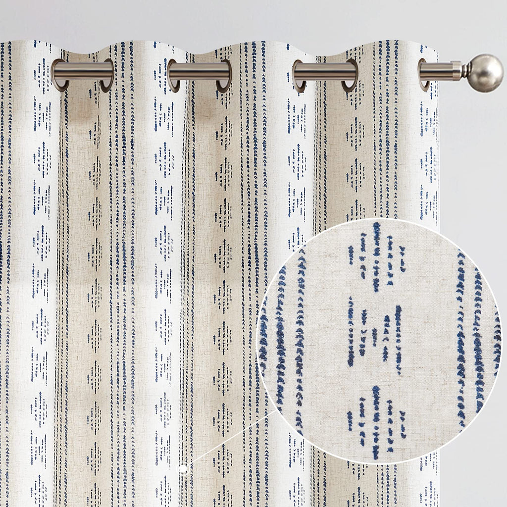 Jinchan Boho Curtains Linen Curtains For Living Room Blue Farmhouse Curtains 96 Inch Length Geometric Striped Patterned Mudcloth