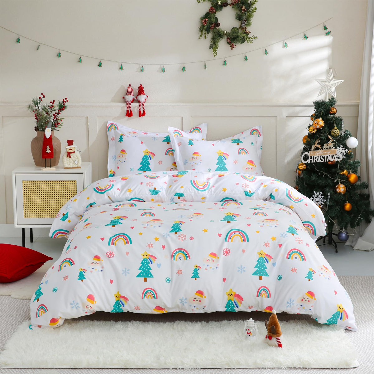 Jsd Rainbow Christmas Tree Kids Duvet Cover Set Twin Size, 2 Piece Printed Microfiber Comforter Cover With Pillow Sham Zipper Cl