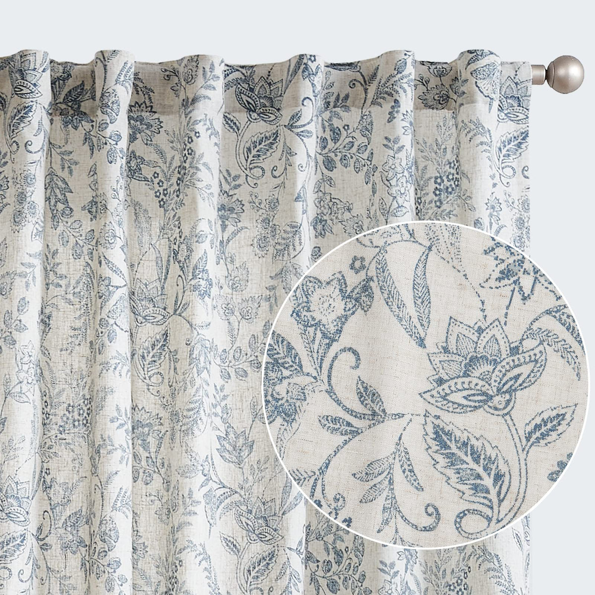 Lazzzy Blue Floral Linen Curtains Farmhouse Curtains 96 Inches Long Back Tab Drapes For Living Room Bedroom Semi Sheer Patterned