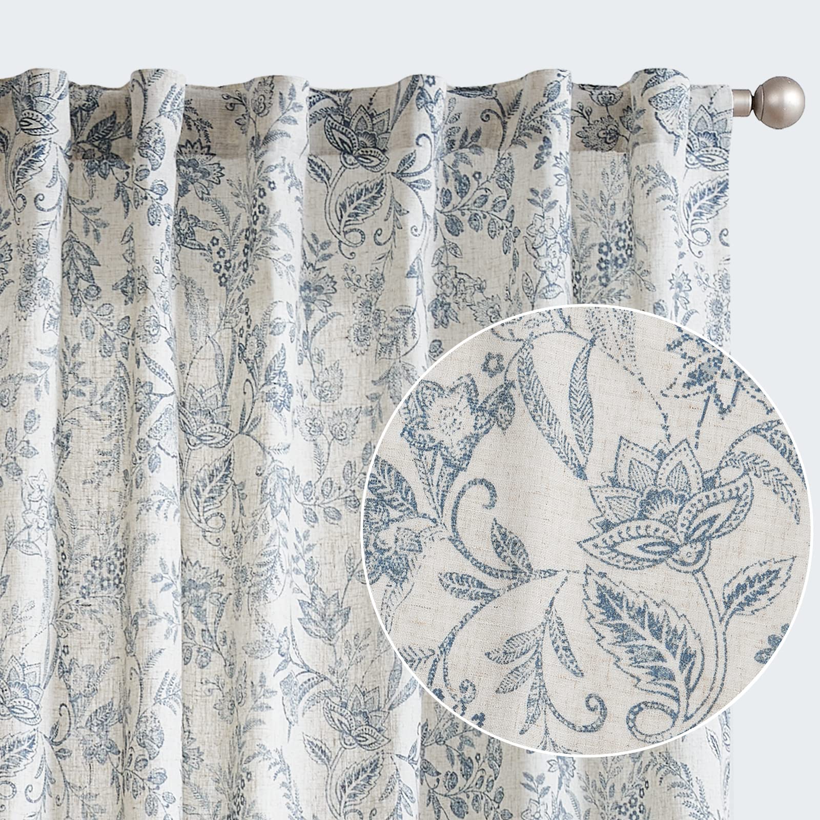 Jinchan Floral Curtains Linen Curtains For Living Room Blue French Country Farmhouse Curtains 84 Inches Long Light Filtering Win