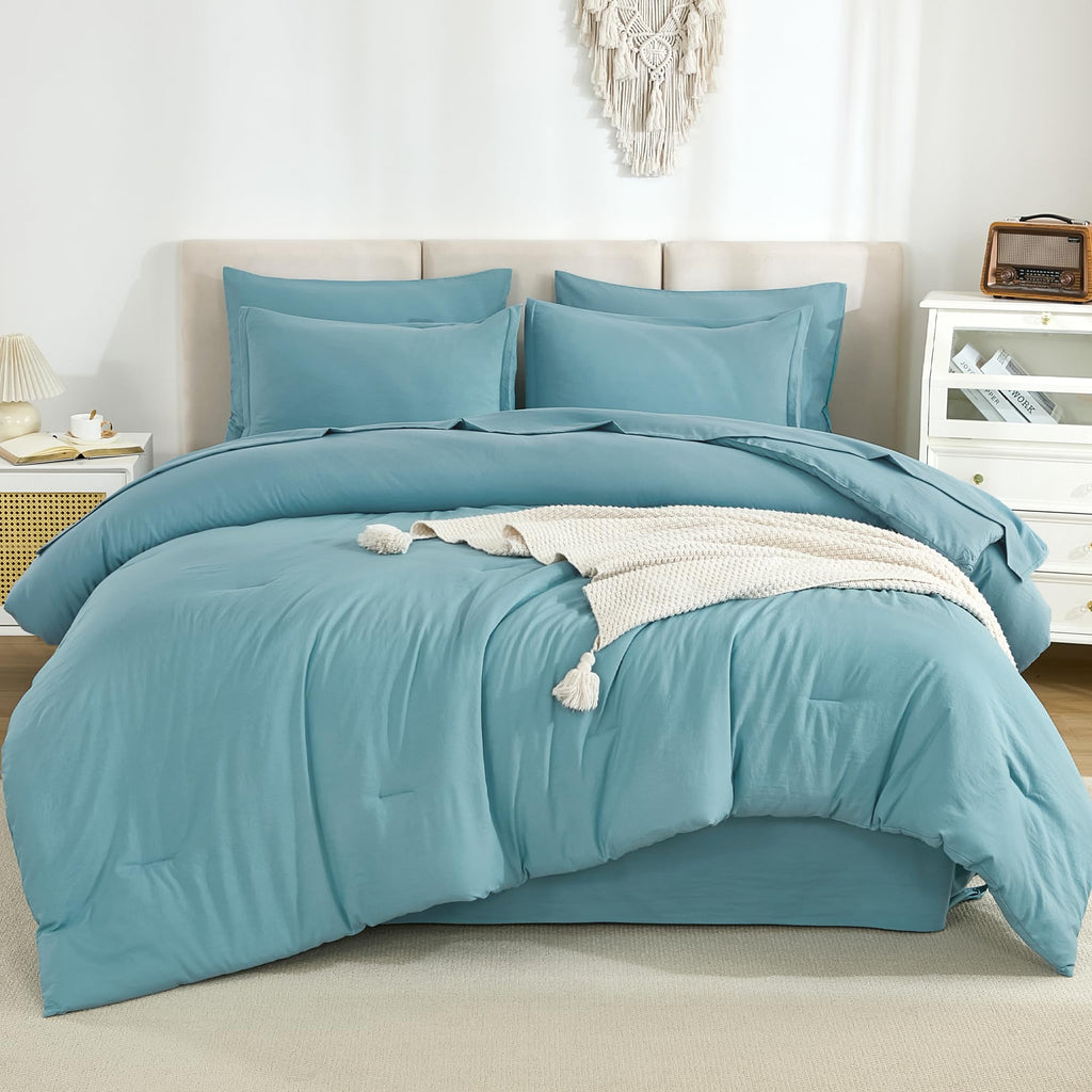 Litanika Queen Comforter Set Grayish Teal - 7 Pieces Bed In A Bag Queen Beddding Comforter Sets, Solid Lightweight Bed Set With