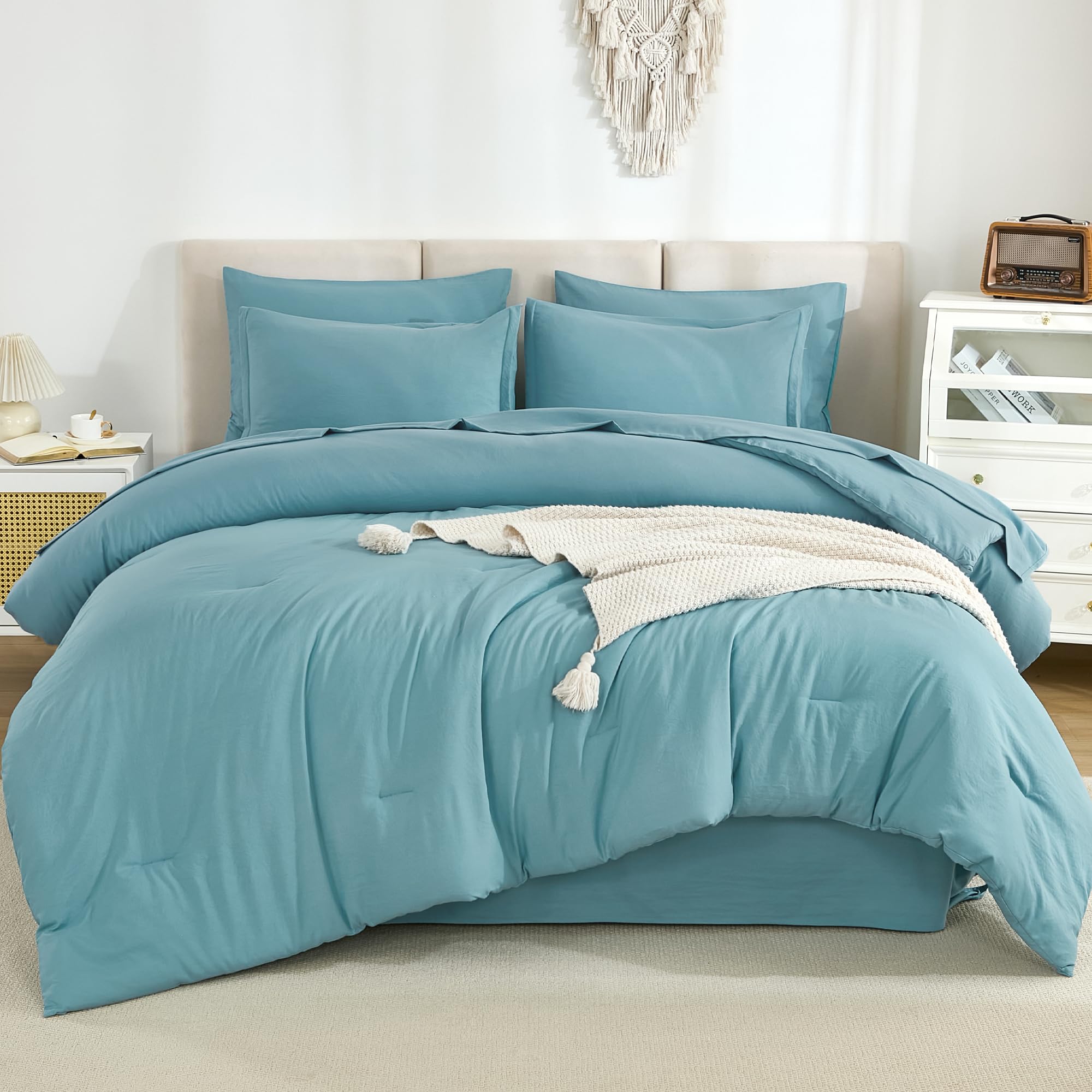 Litanika Queen Comforter Set Grayish Teal - 7 Pieces Bed In A Bag Queen Beddding Comforter Sets, Solid Lightweight Bed Set With