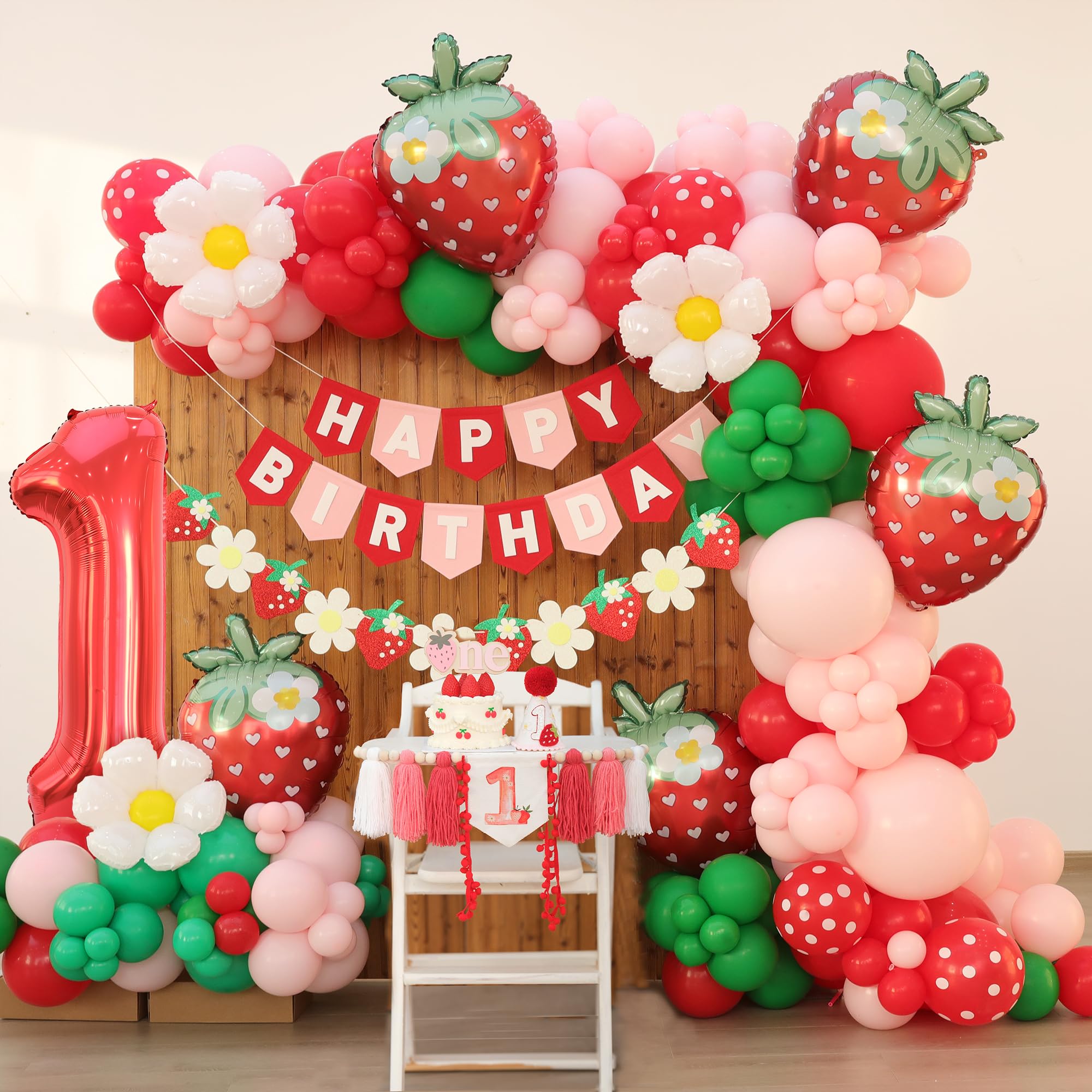 Ereniko Berry First Birthday Decor Strawberry Balloons Arch Kit 1st Sweet Baby Girl Happy Birthday Banner For Party Decorations