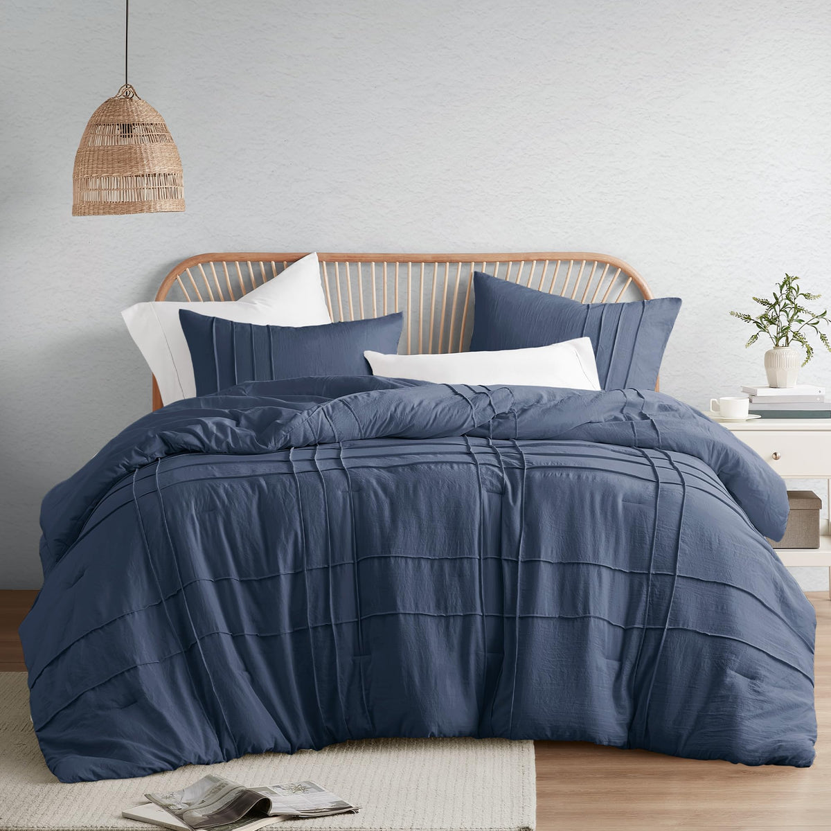 Comfort Spaces Navy Cal King Size Comforter Set - 3 Piece Pintuck Pleated Bedding Set, All Season Lightweight, Extra Softness Pr