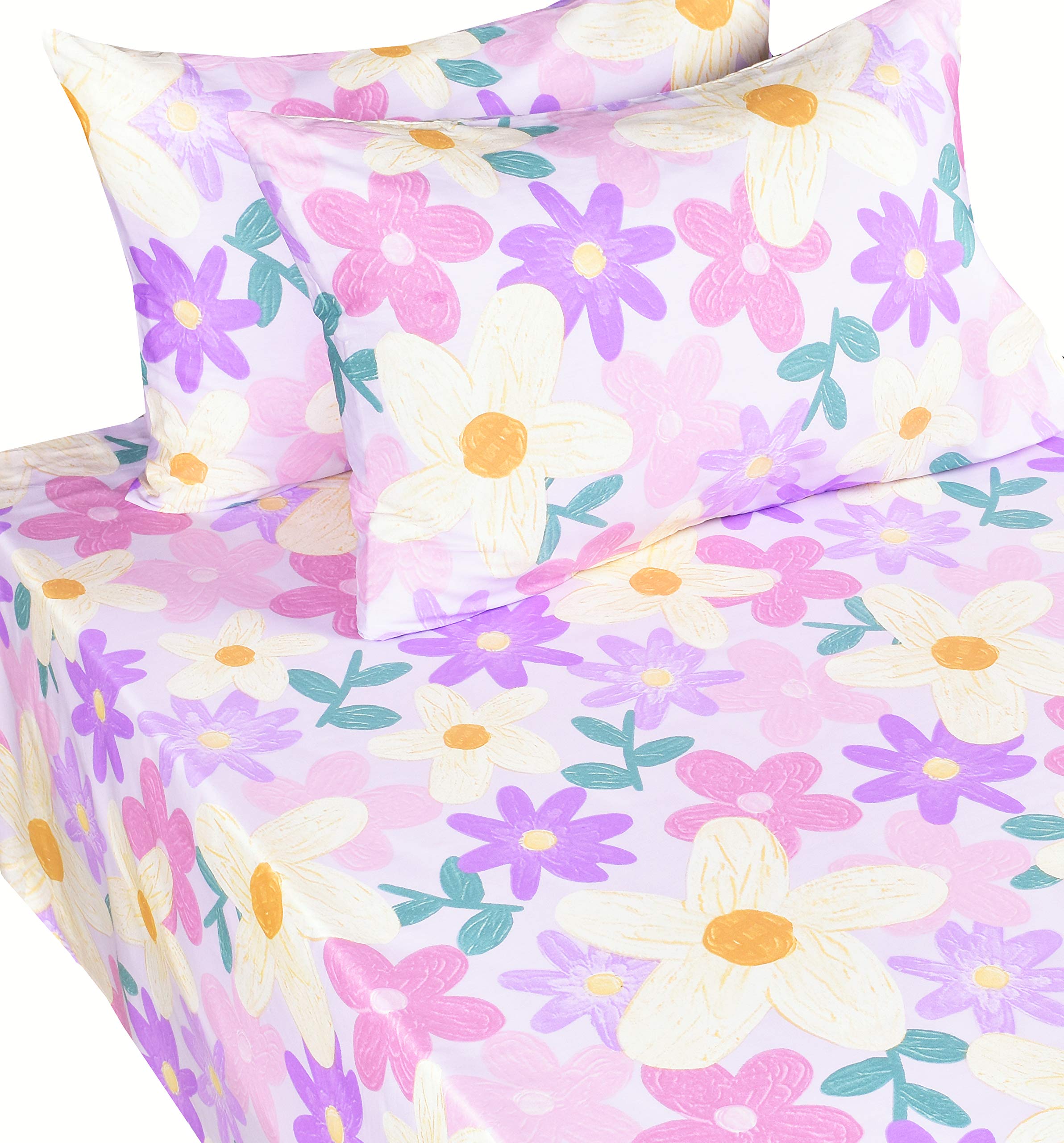 Scientific Sleep Purple Flower Painting Girls 100% Cotton 4 Pcs Full Bed Sheet Set Kids Toddler Teen, Flat Sheet & Fitted Sheet