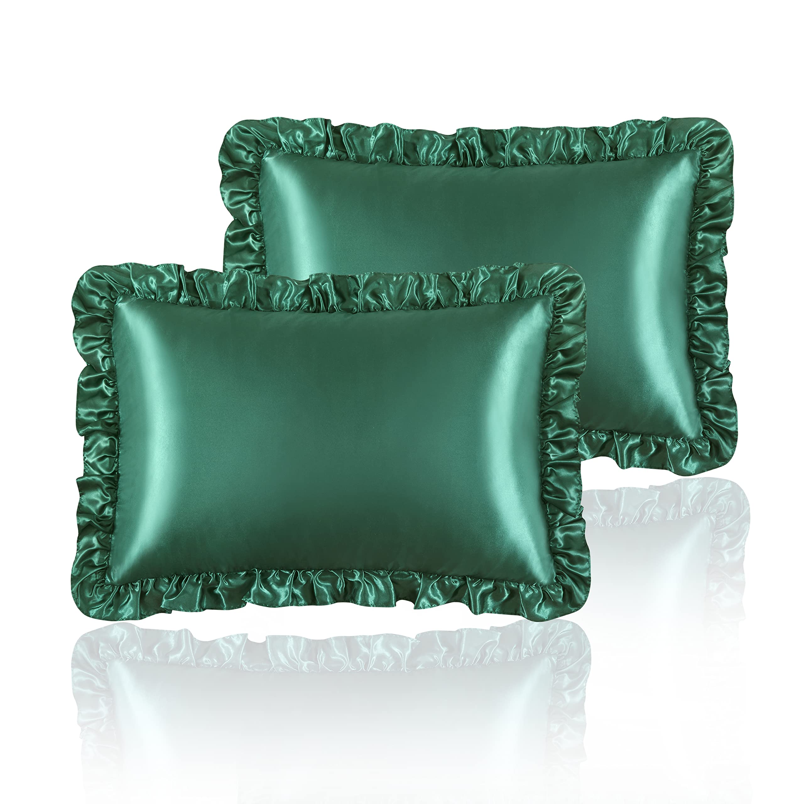 Hommxjf Silky Satin Ruffled Pillow Cases For Hair And Skin,Blackish Green Silk Pillowcases Standard Set Of 2 With Envelope Closu