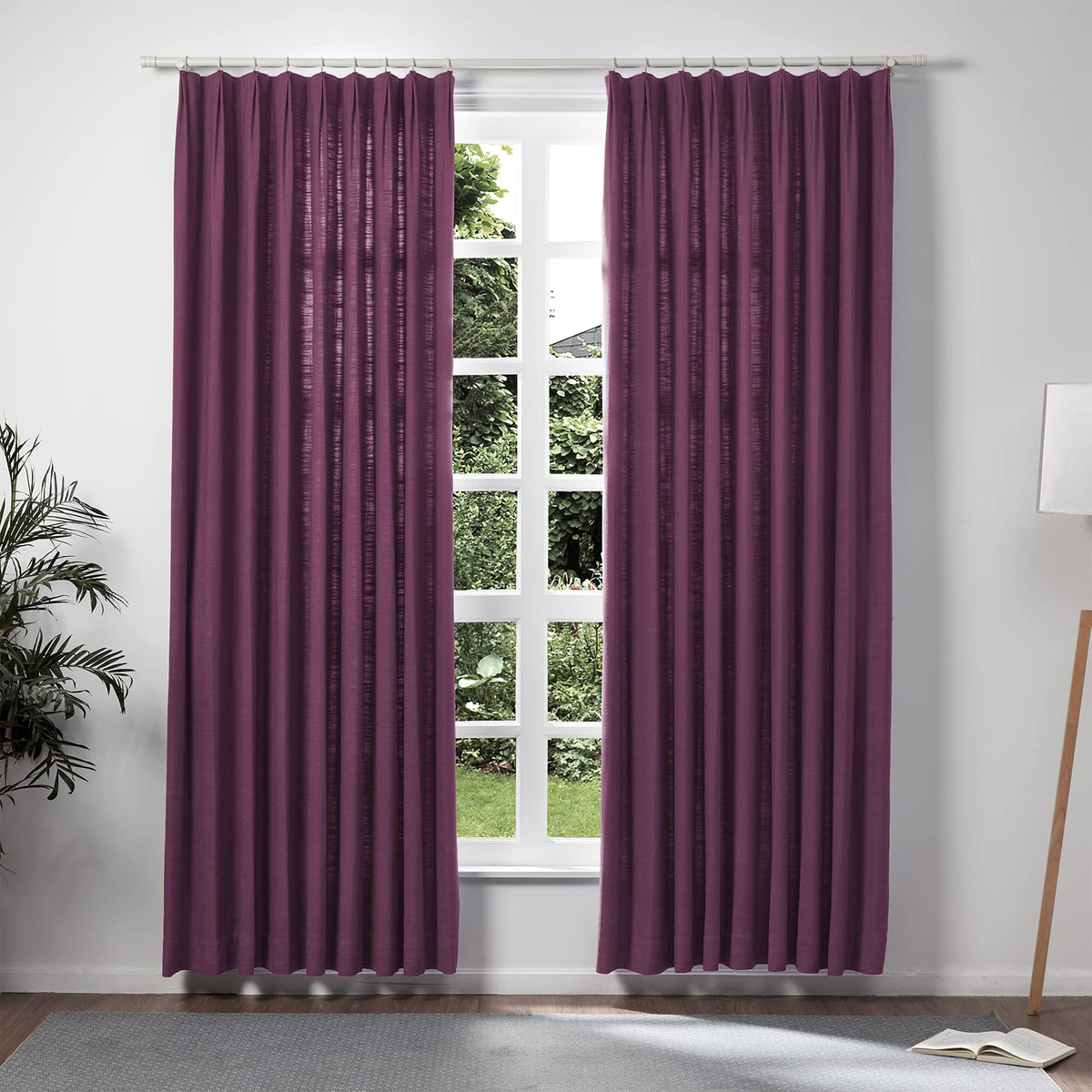 Twopages Double Layer Lined Curtain Plum Linen Blend Light Filtering Pinch Pleat Curtain For Kitchen, Room Darkening Window Trea