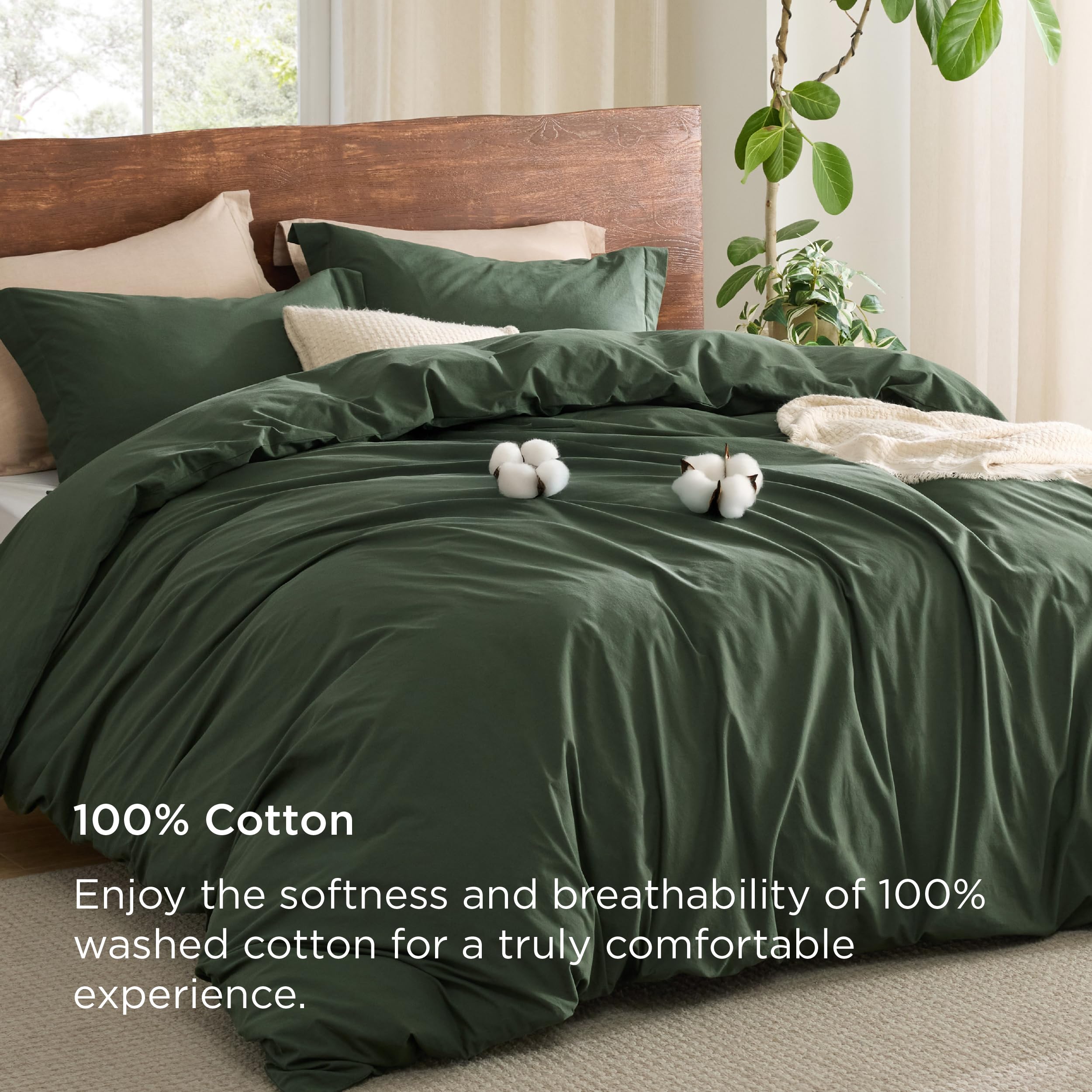 Bedsure 100% Washed Cotton Duvet Cover Queen - Olive Green Minimalist Cotton Duvet Cover Linen Like - 3 Pieces Gentlesoft™ Plain Simple Bedding Set With 2 Pillow Shams (Olive Green, Queen, 90'X90')