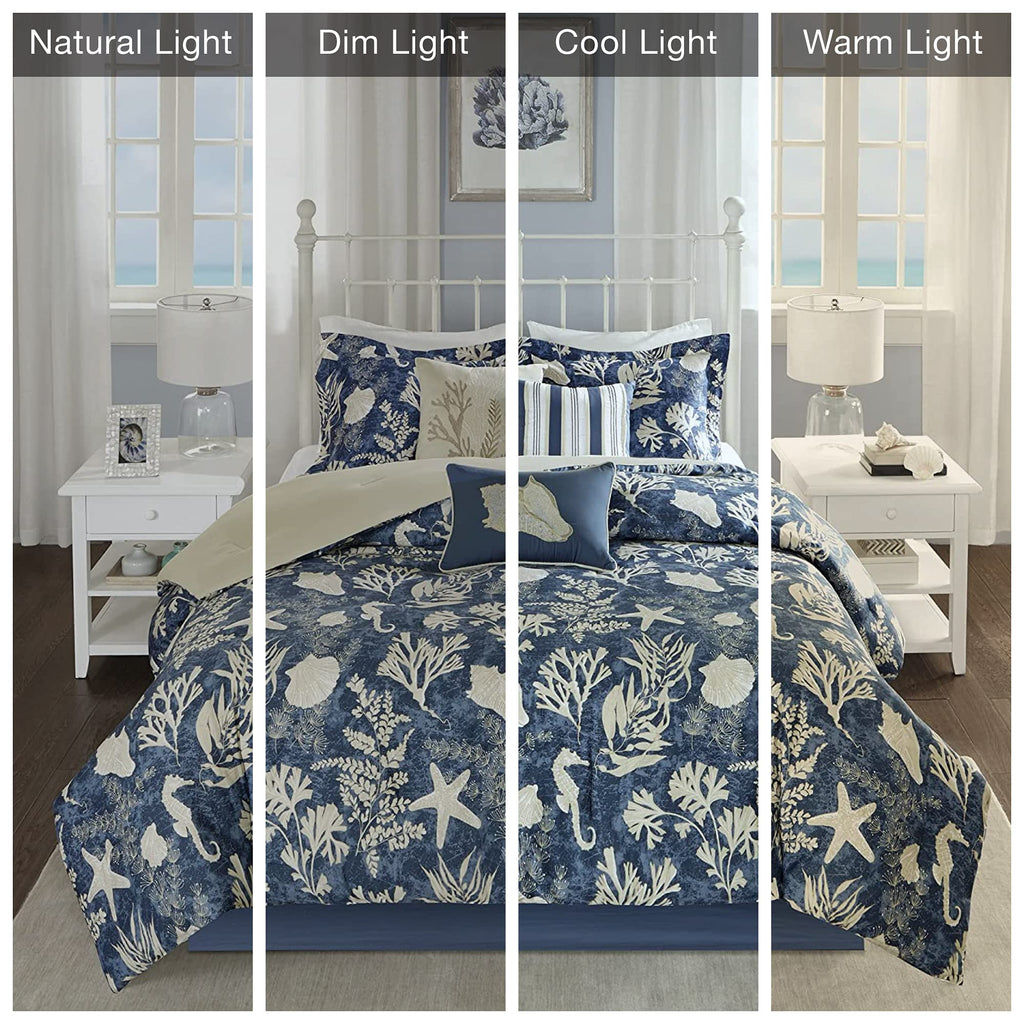 Madison Park 100% Cotton Comforter Set-Coastal Coral, Starfish Design All Season Down Alternative Cozy Bedding With Matching Shams, California King (104 In X 92 In), Blue 7 Piece